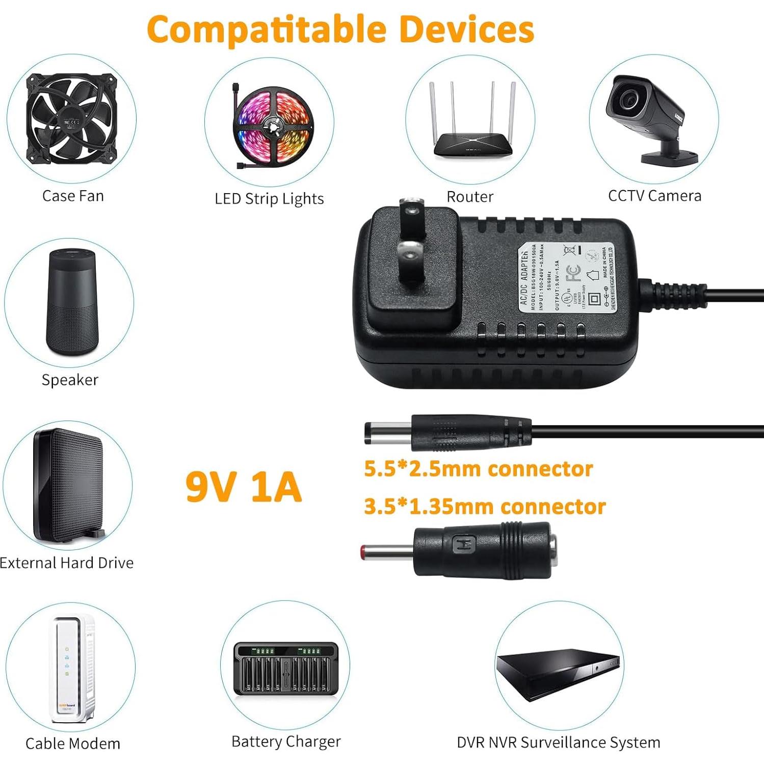 Adaptador de corriente 9V 1A DTECH con cable 1.2m