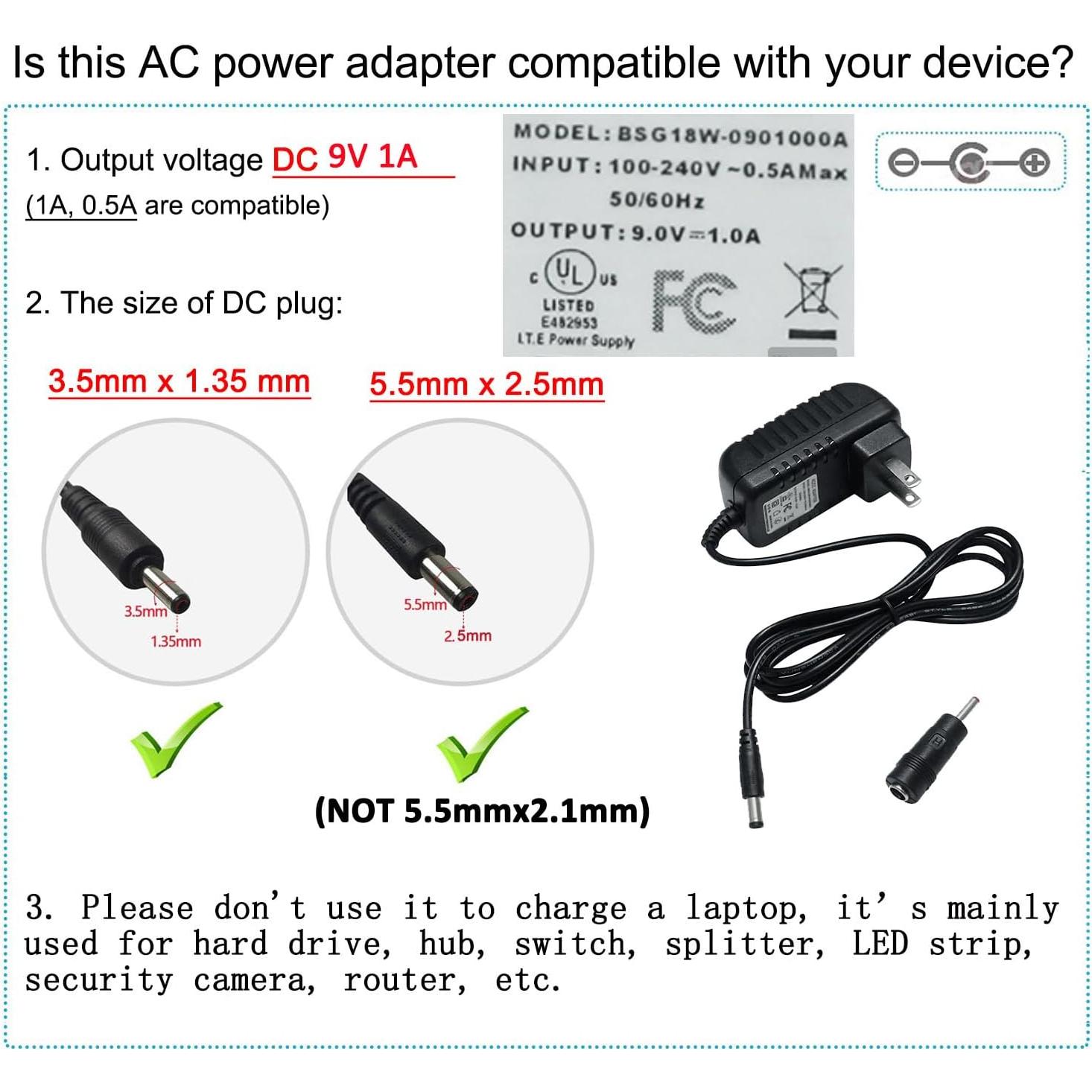 Adaptador de corriente 9V 1A DTECH con cable 1.2m