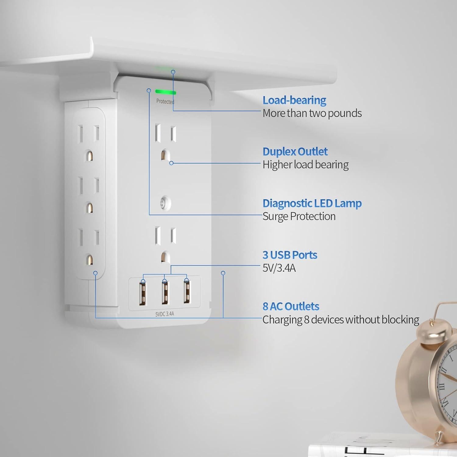 Estante de Carga CFMASTER 8 Enchufes 3 USB 3.4A Protector 125V