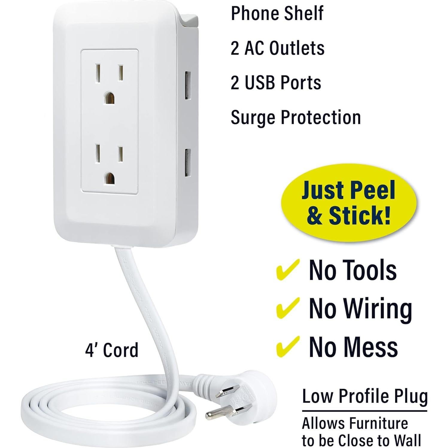 Extensor de Enchufe Ontel Presto 1.22 m con 2 USB y Estante