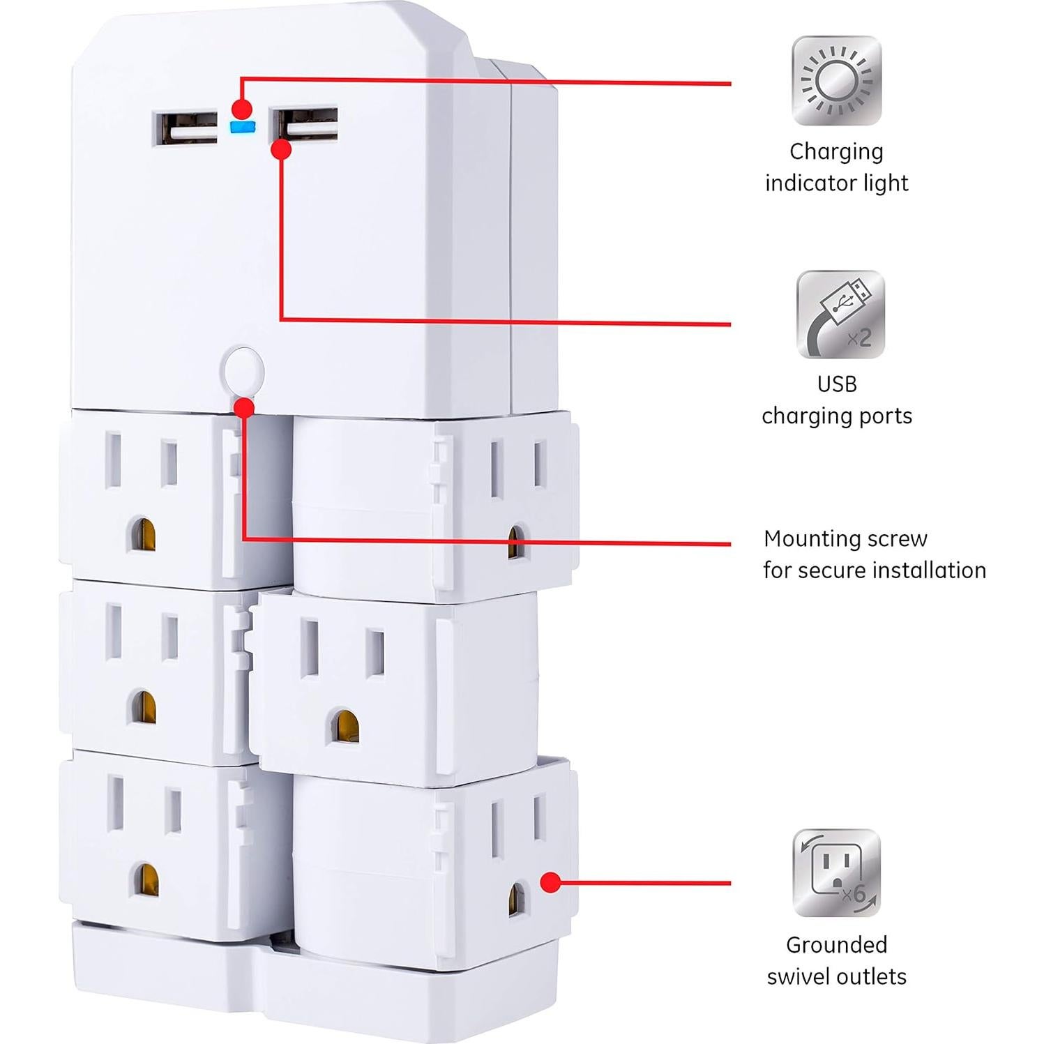Extensor GE UltraPro 6 Salidas Giratorias + 2 USB Blanco