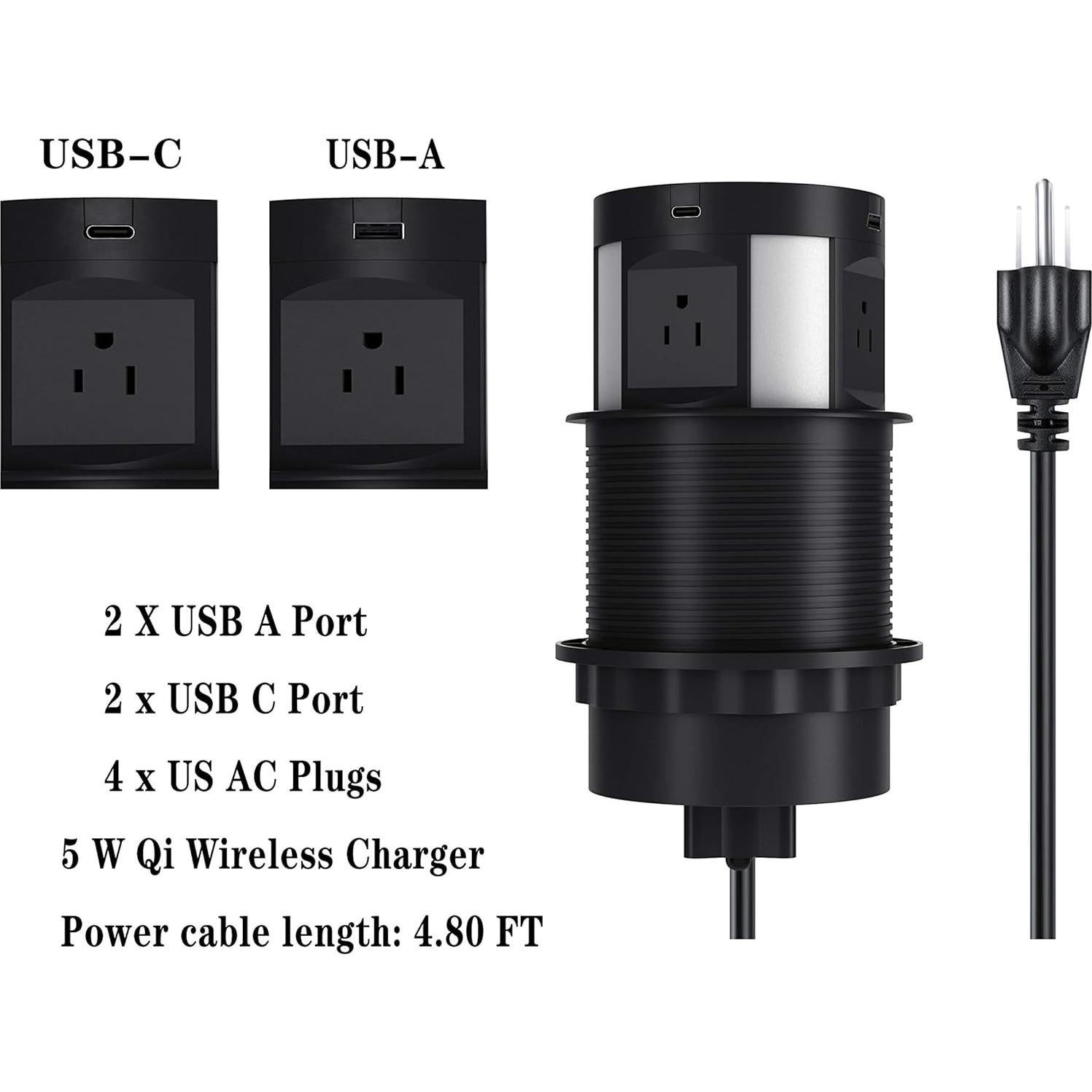 Tira de Energía Recesada Kungfuking 4 AC 2 USB 2 USB-C Negra