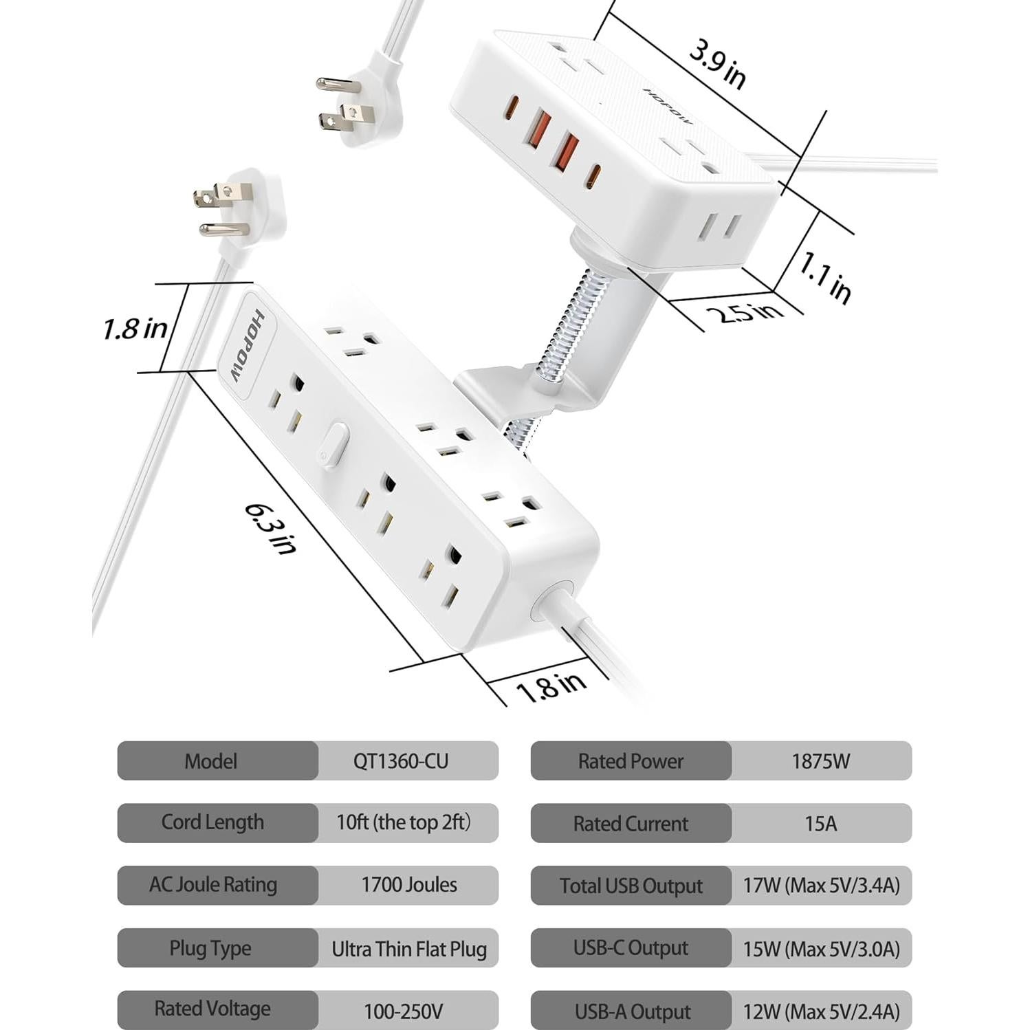 Toma de Corriente de Abrazadera ZHONGSHAN 13 Salidas 4 USB Blanco