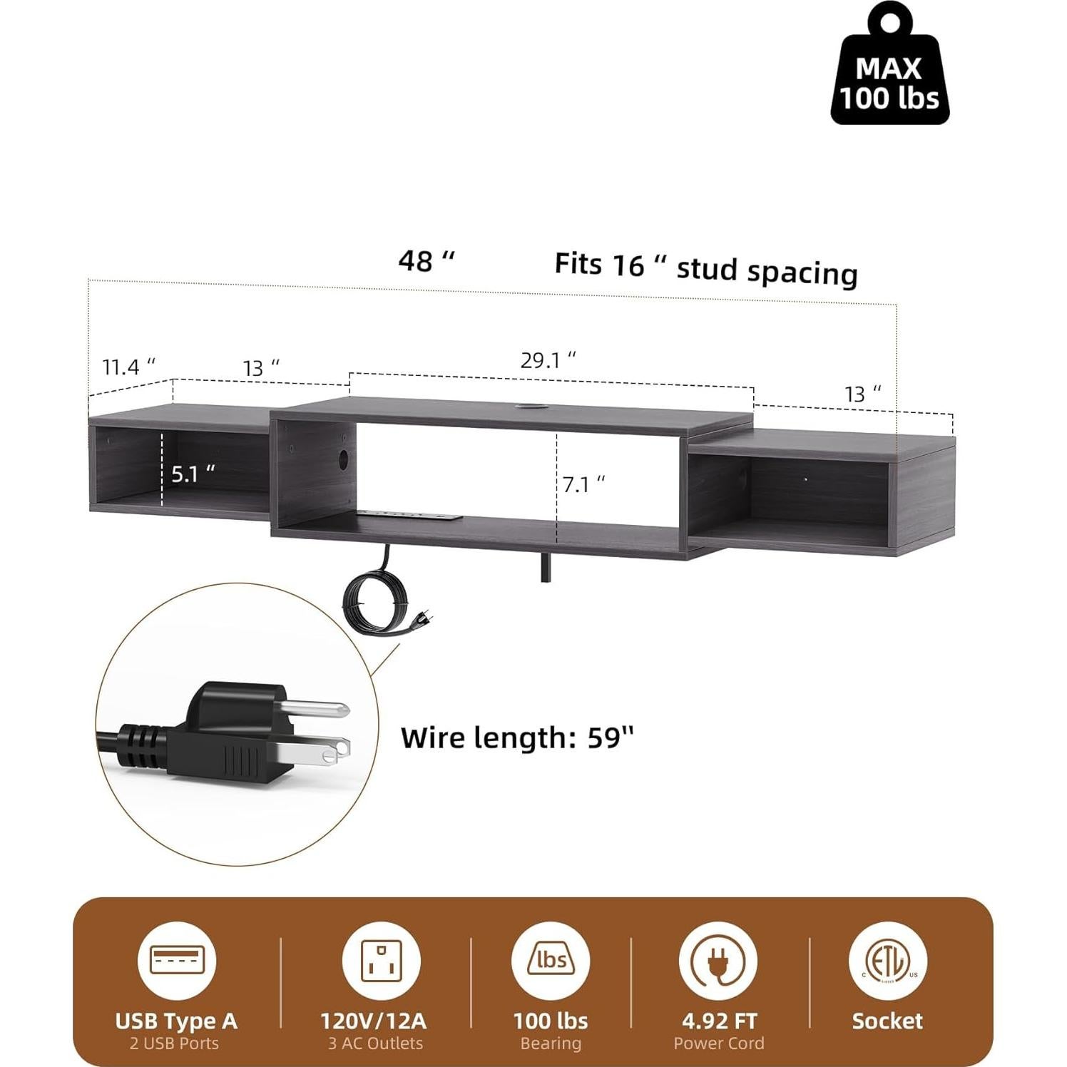 Gabinete de TV Montado en Pared Vicodabo 55" Gris Oscuro