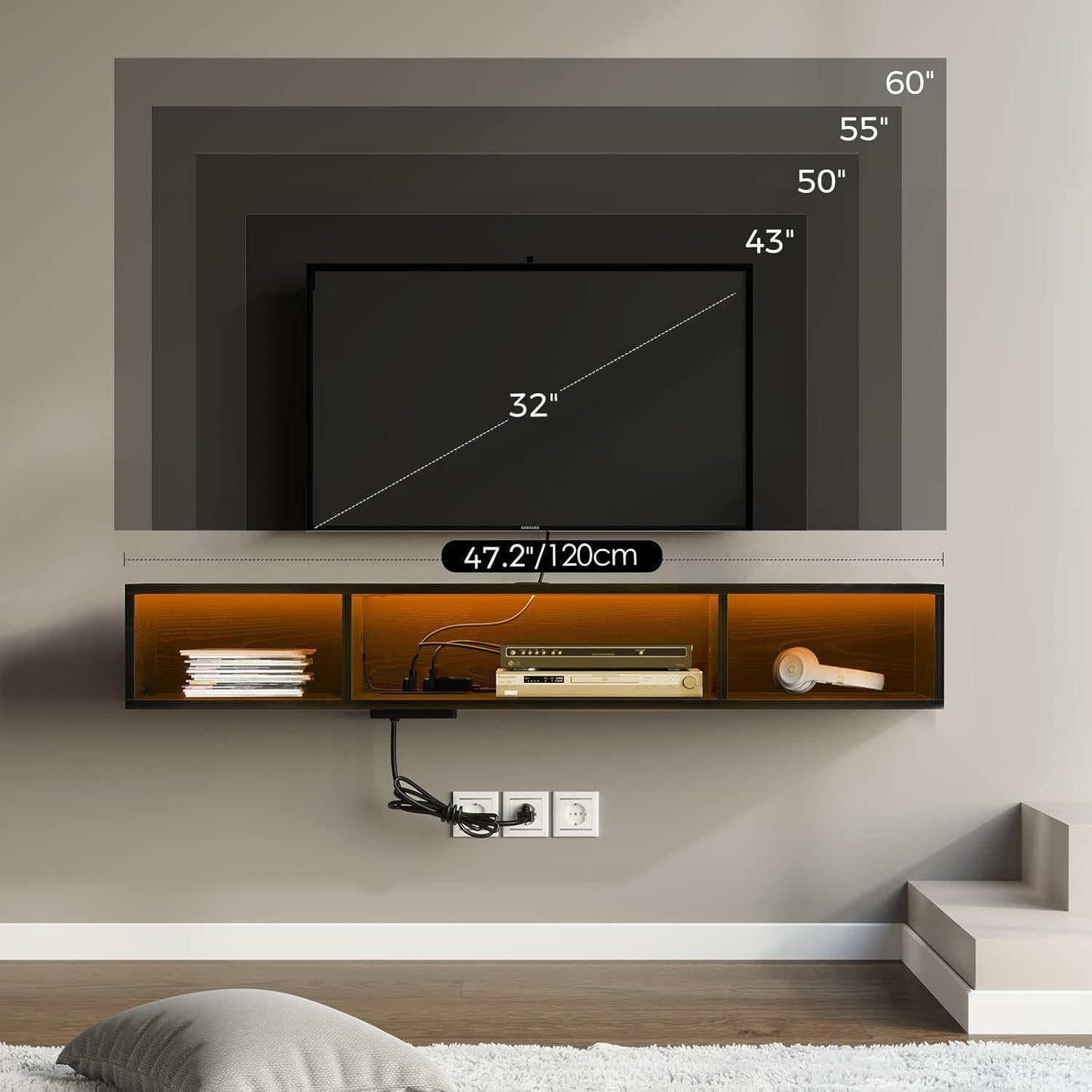 Soporte de TV Rolanstar 120 cm con luces LED y toma de corriente