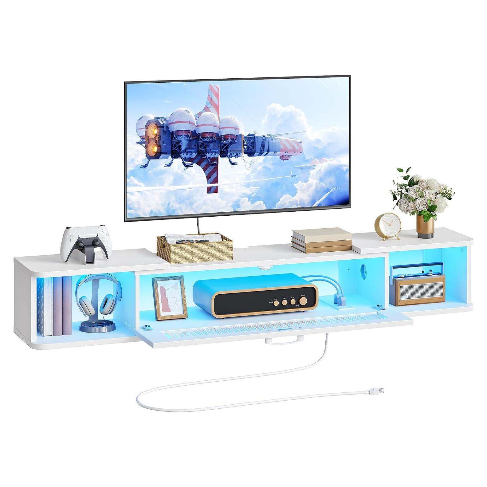 Soporte de TV Flotante HOOBRO Blanco con Luz LED y 3 Tomas