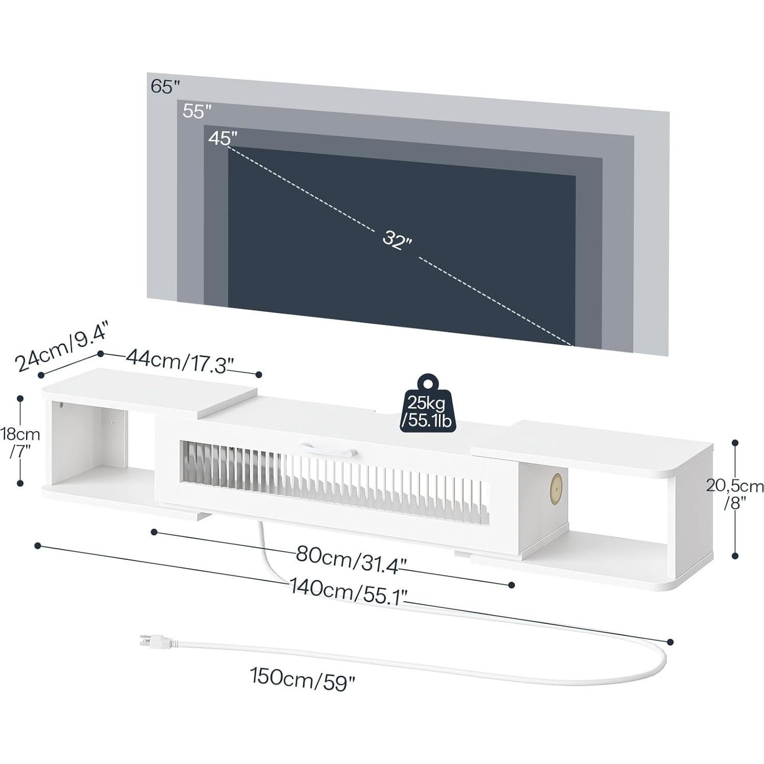 Soporte de TV Flotante HOOBRO Blanco con Luz LED y 3 Tomas
