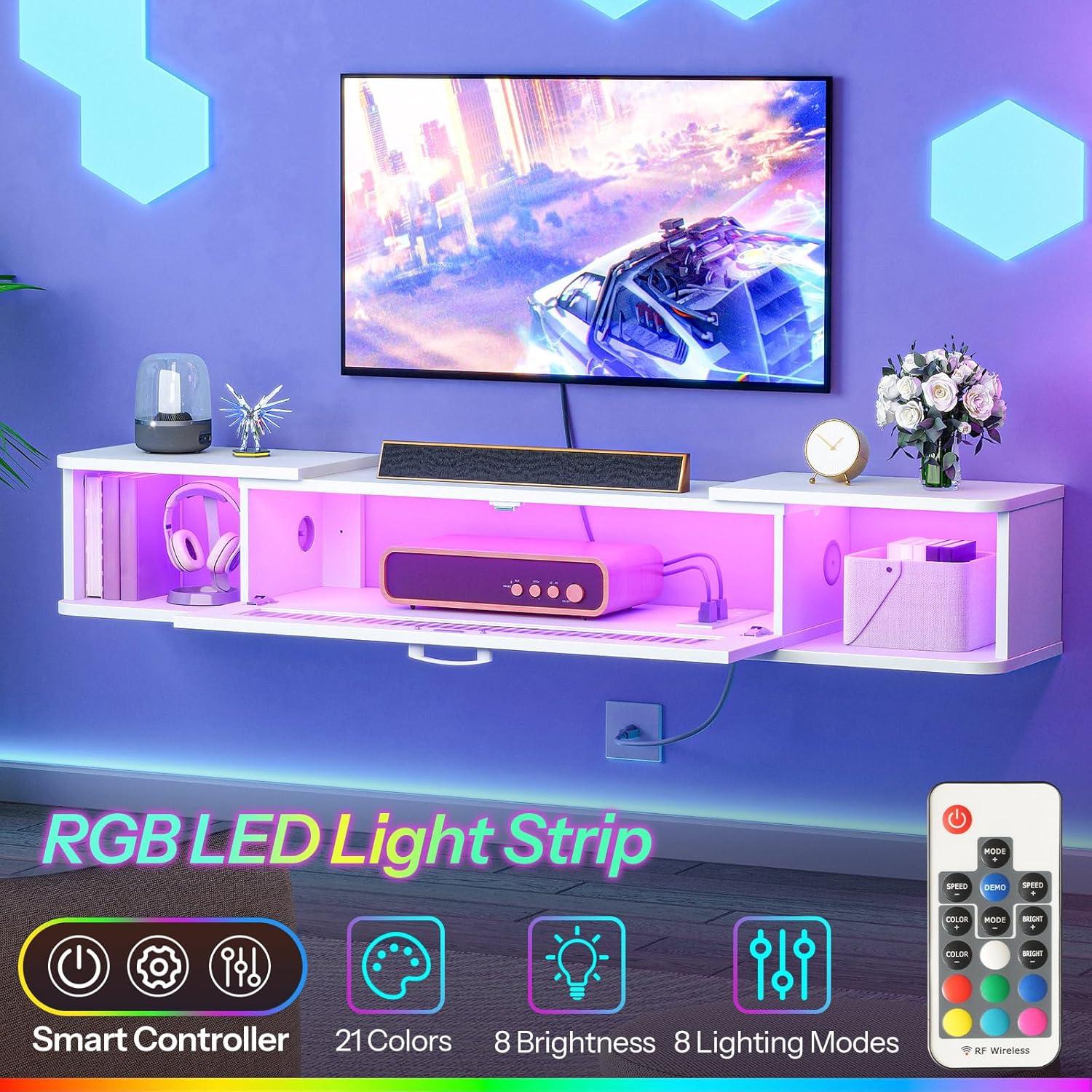 Soporte de TV Flotante HOOBRO Blanco con Luz LED y 3 Tomas