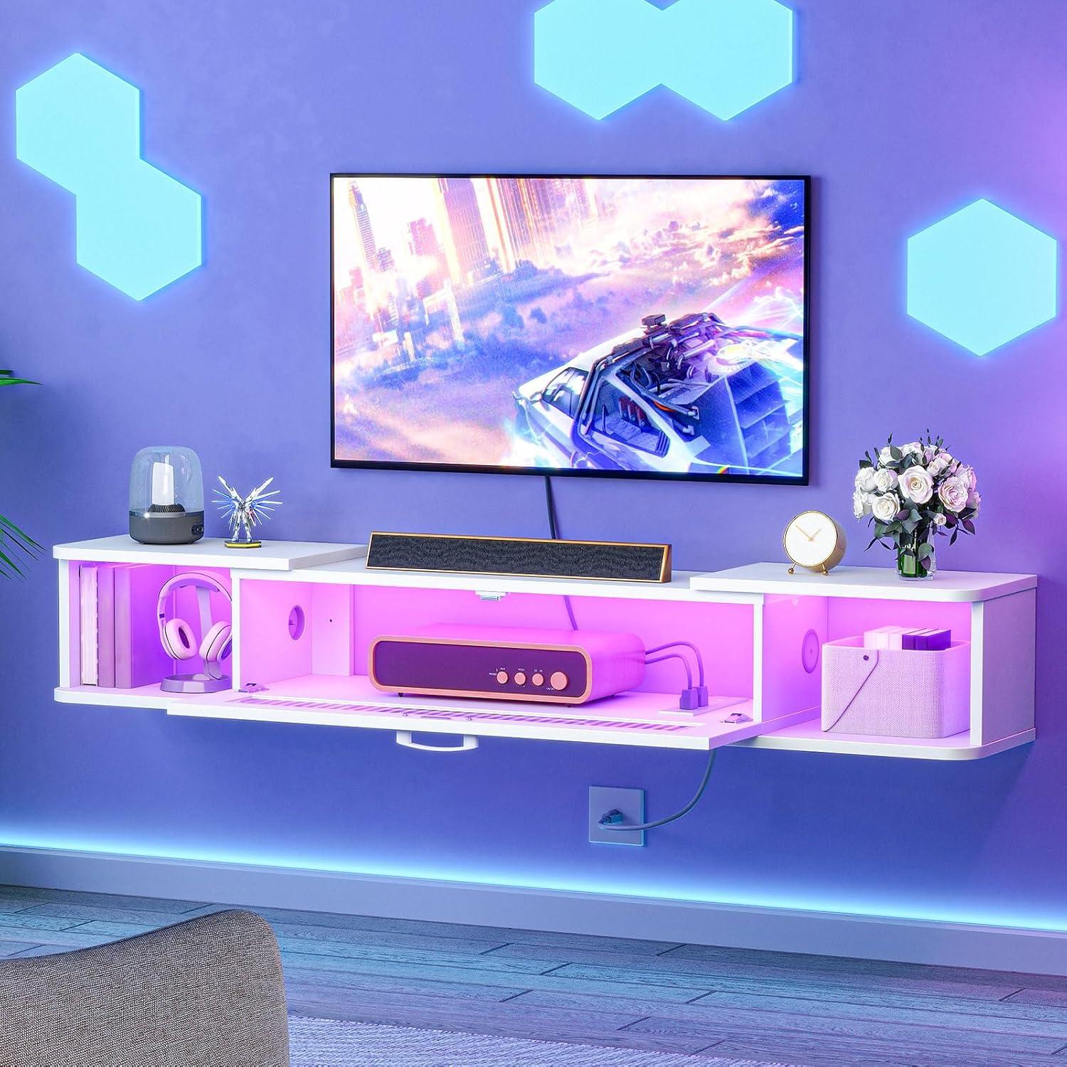 Soporte de TV Flotante HOOBRO Blanco con Luz LED y 3 Tomas