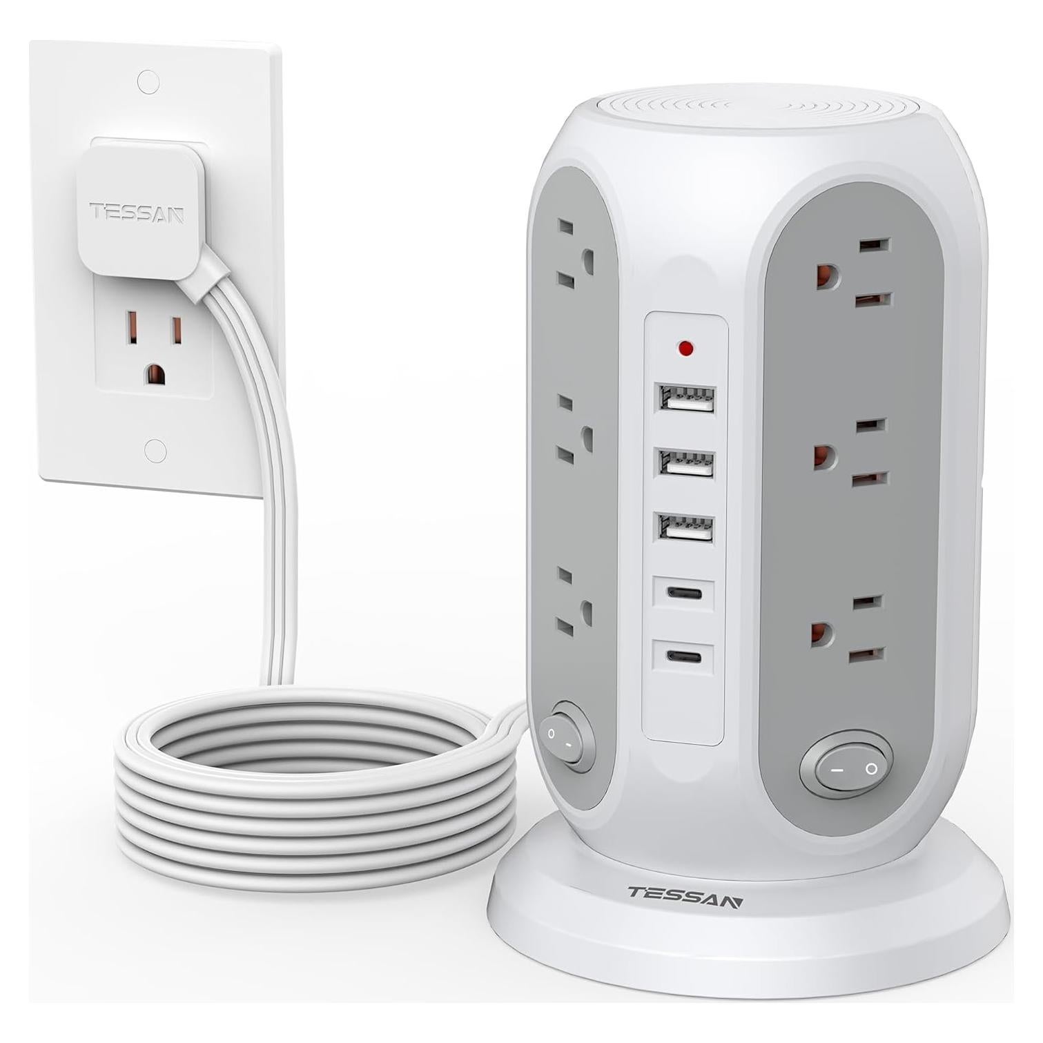 Regleta de Poder en Torre TESSAN 12 Salidas 5 USB Carga Rápida