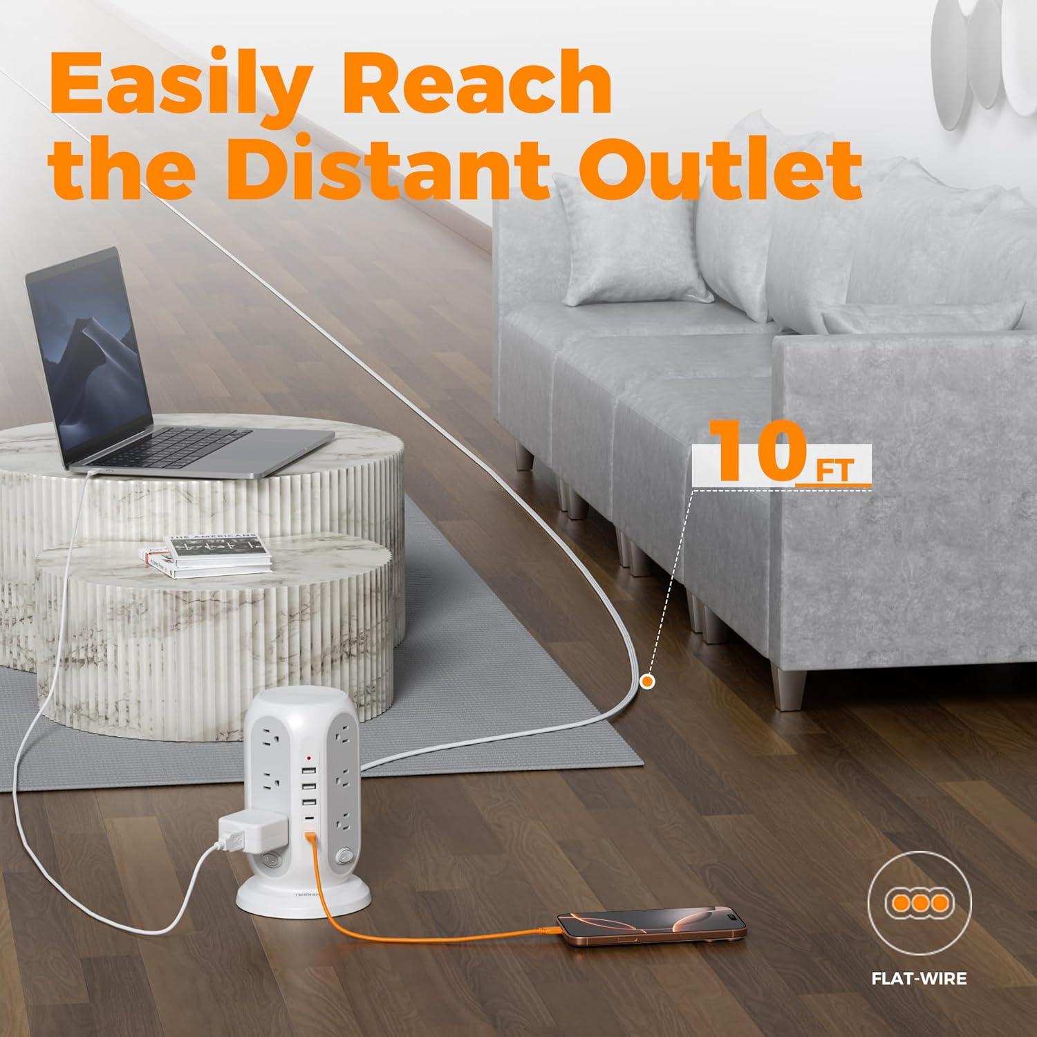 Regleta de Poder en Torre TESSAN 12 Salidas 5 USB Carga Rápida