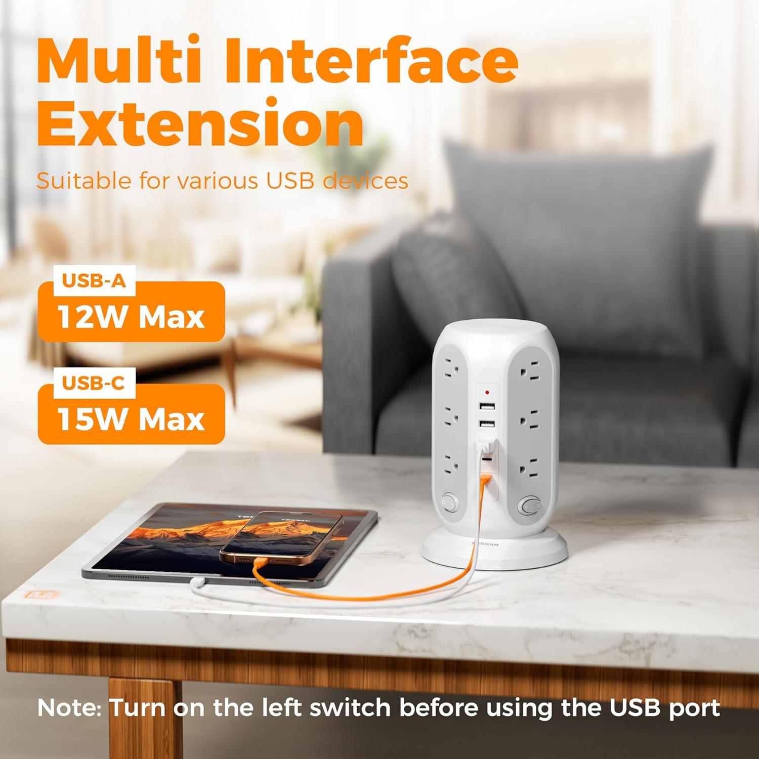 Regleta de Poder en Torre TESSAN 12 Salidas 5 USB Carga Rápida