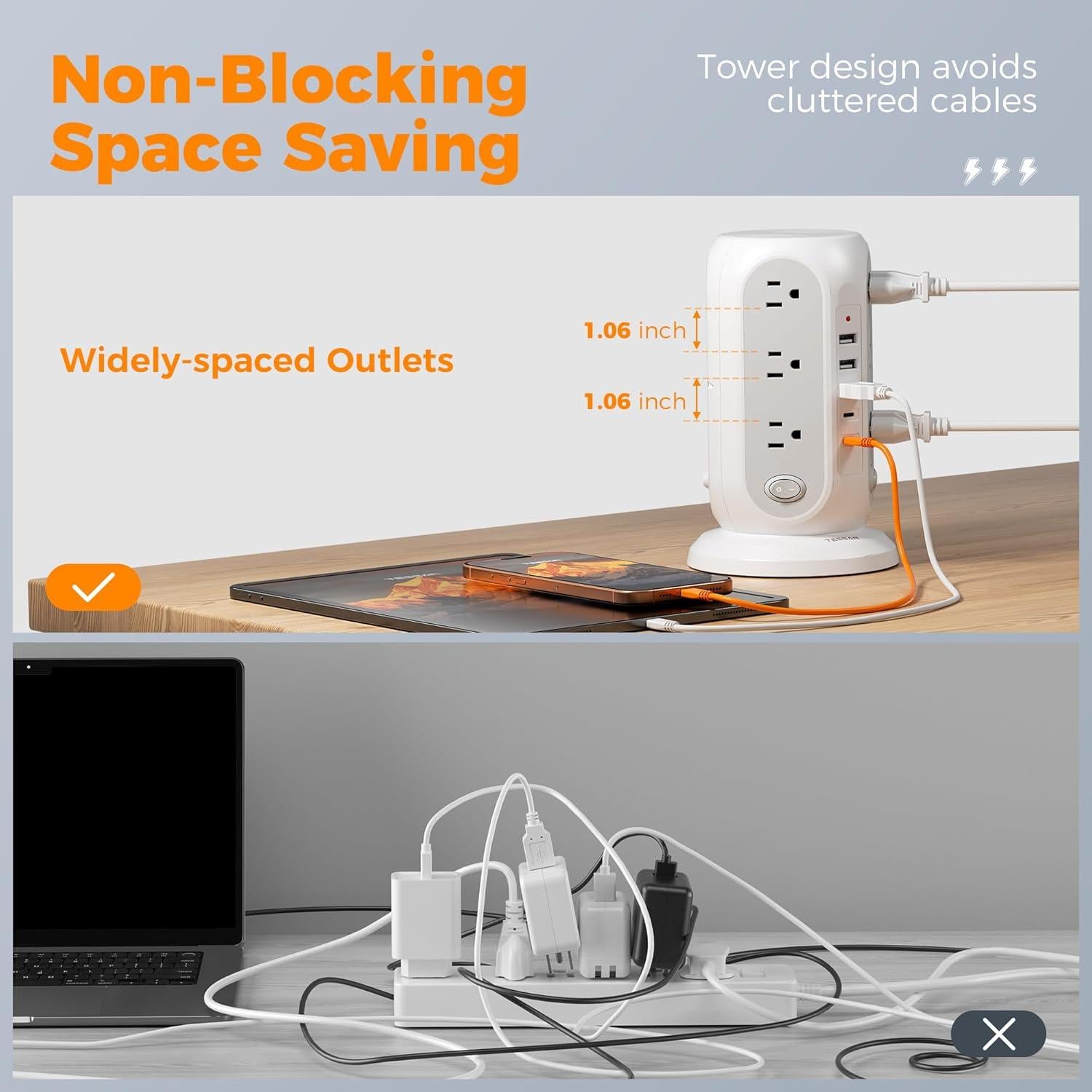 Regleta de Poder en Torre TESSAN 12 Salidas 5 USB Carga Rápida