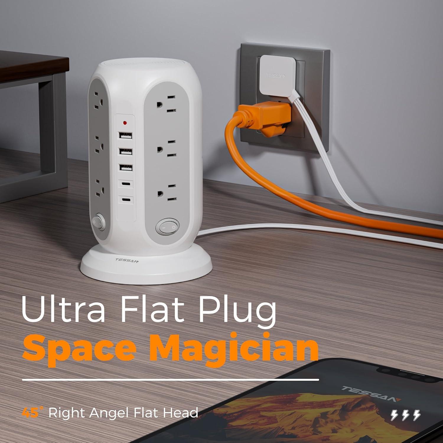 Regleta de Poder en Torre TESSAN 12 Salidas 5 USB Carga Rápida