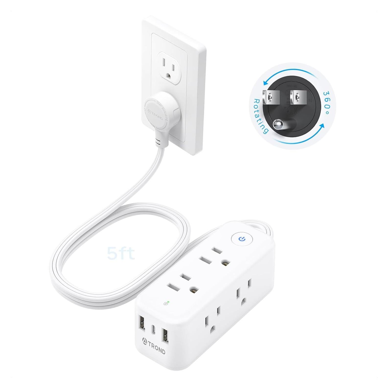 Regleta TROND 6 Salidas 3 USB Rotatorio 360° 1.5m Blanco