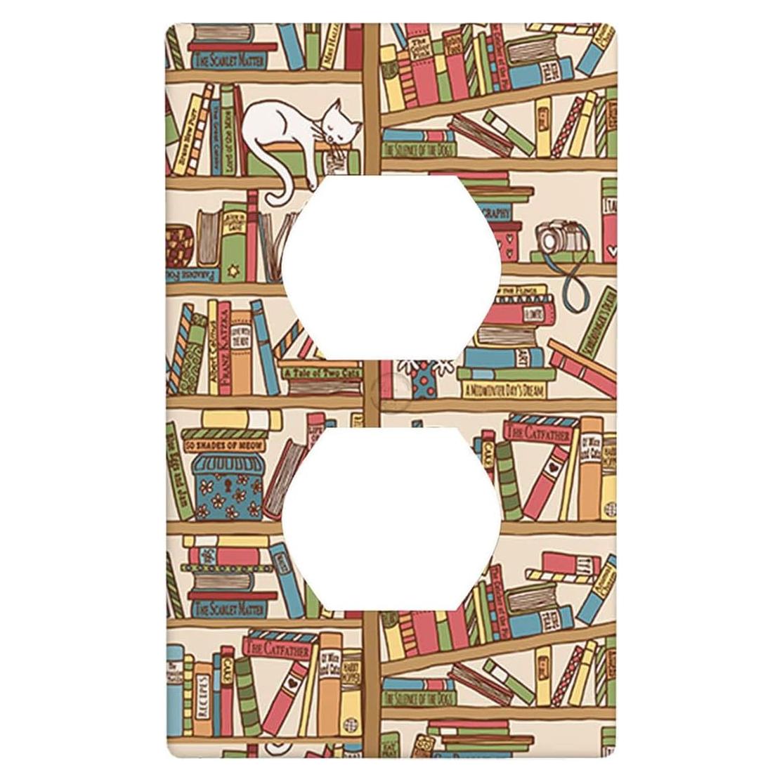 Cat Bookshelf Wall Plate Covers Sleeping Kitten Library Books Box Camera Flowers 1-Gang Outlet Cover Switch Plug Duplex Home Decorative Office