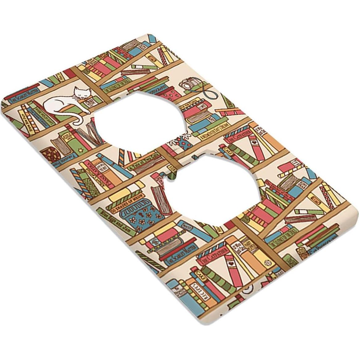 Cat Bookshelf Wall Plate Covers Sleeping Kitten Library Books Box Camera Flowers 1-Gang Outlet Cover Switch Plug Duplex Home Decorative Office