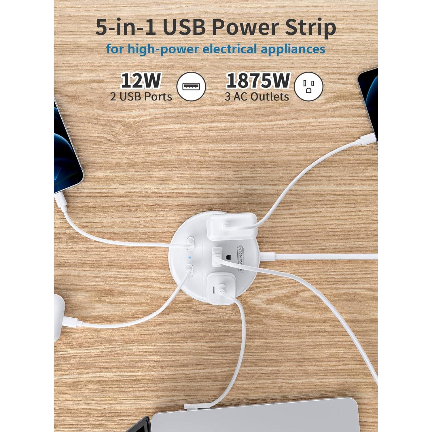 Regleta NTONPOWER 2 Enchufes 1.52m 3 Salidas AC 2 USB Rotatorio