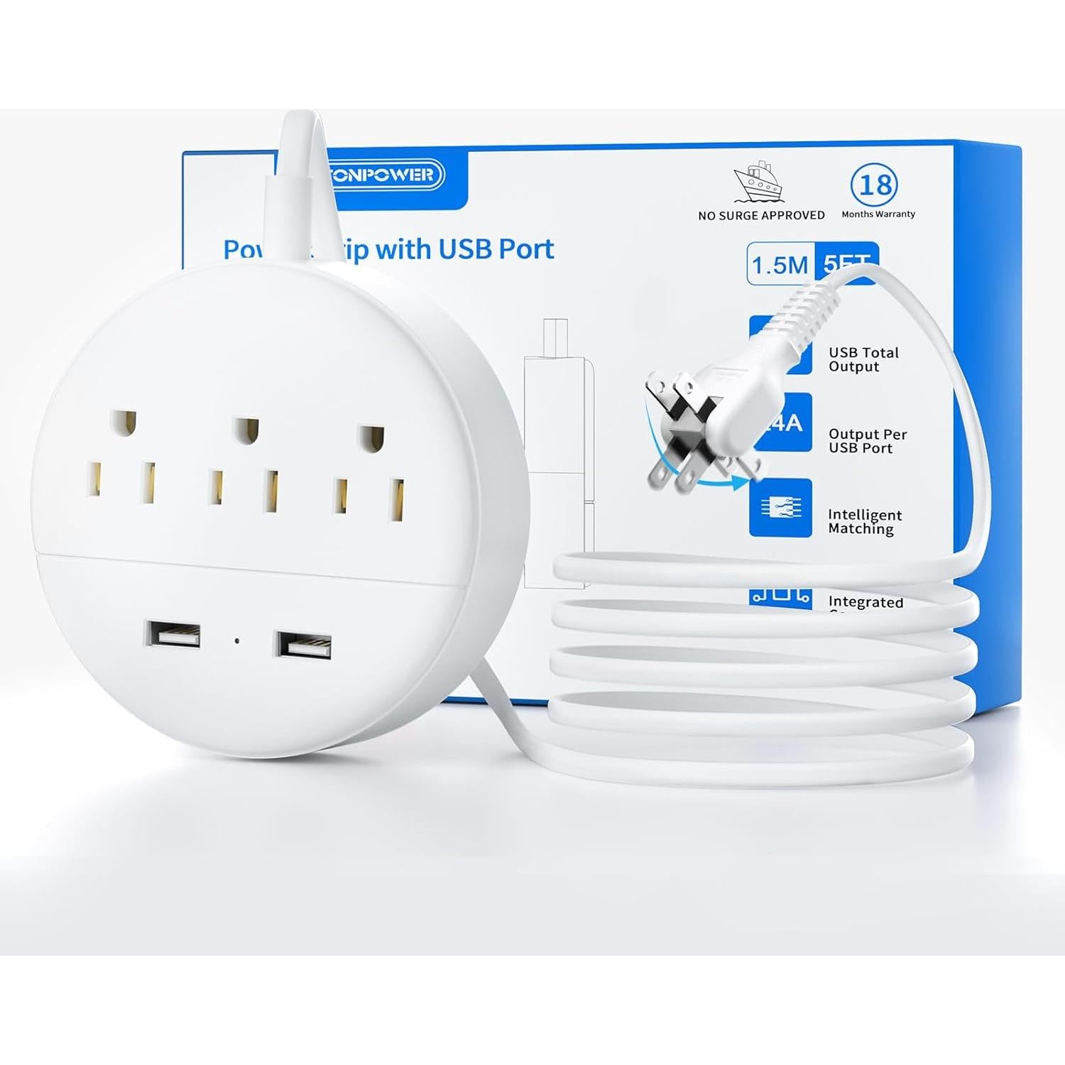 Regleta NTONPOWER 2 Enchufes 1.52m 3 Salidas AC 2 USB Rotatorio