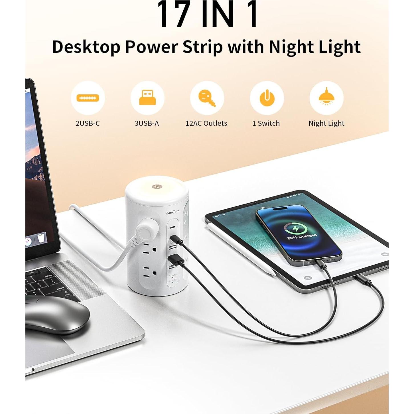 Torre de Regletas AnnTane con Luz Nocturna y 12 Salidas AC/USB