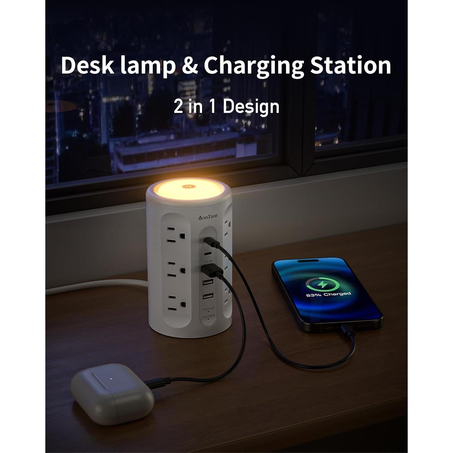 Torre de Regletas AnnTane con Luz Nocturna y 12 Salidas AC/USB