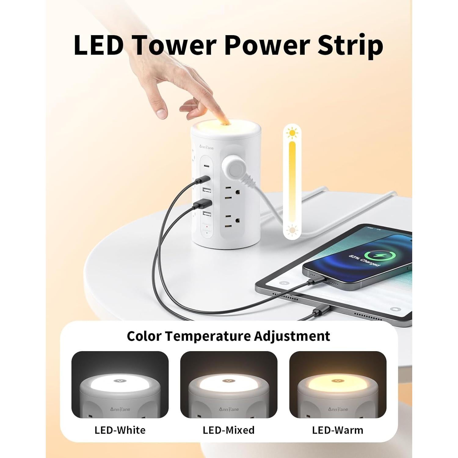 Torre de Regletas AnnTane con Luz Nocturna y 12 Salidas AC/USB