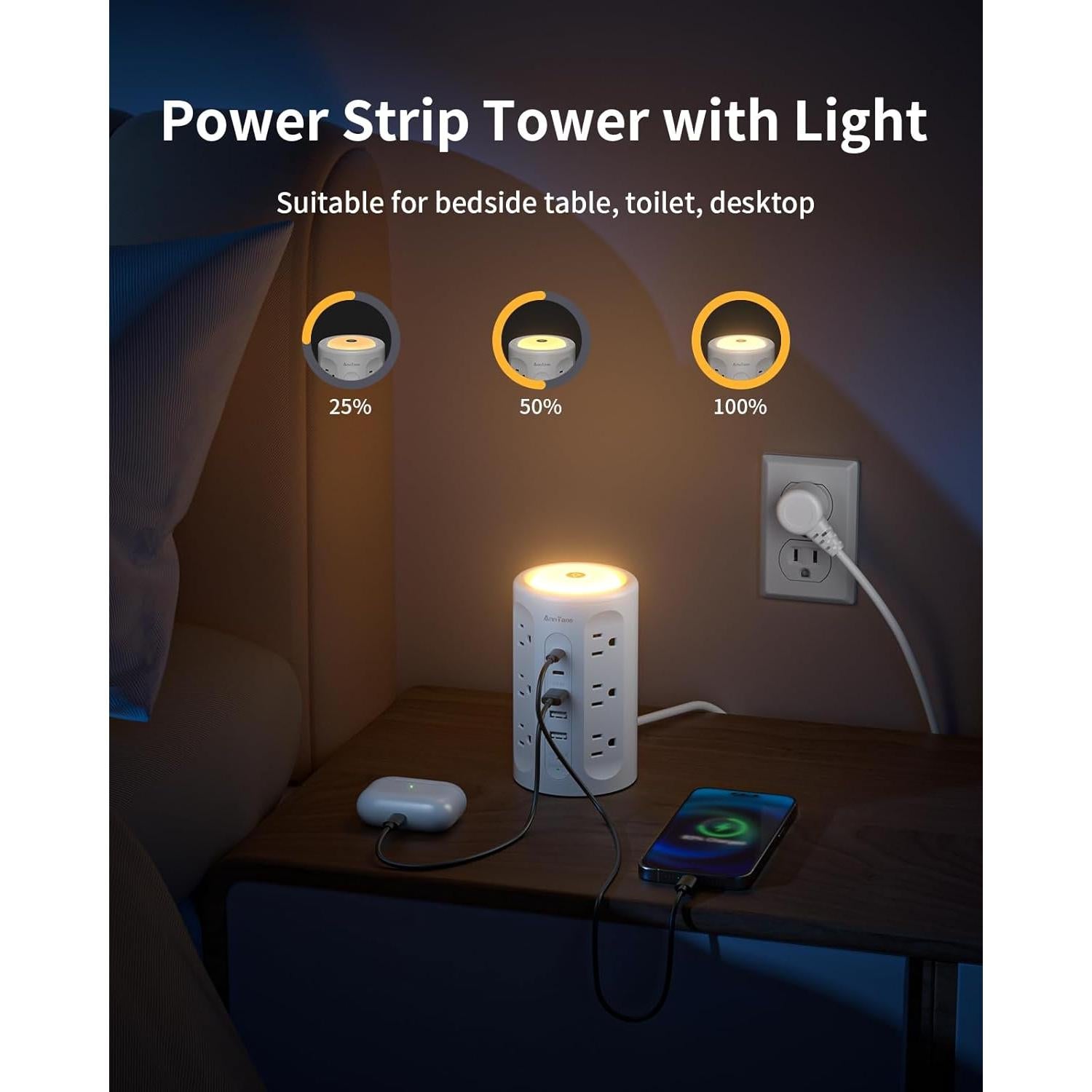 Torre de Regletas AnnTane con Luz Nocturna y 12 Salidas AC/USB