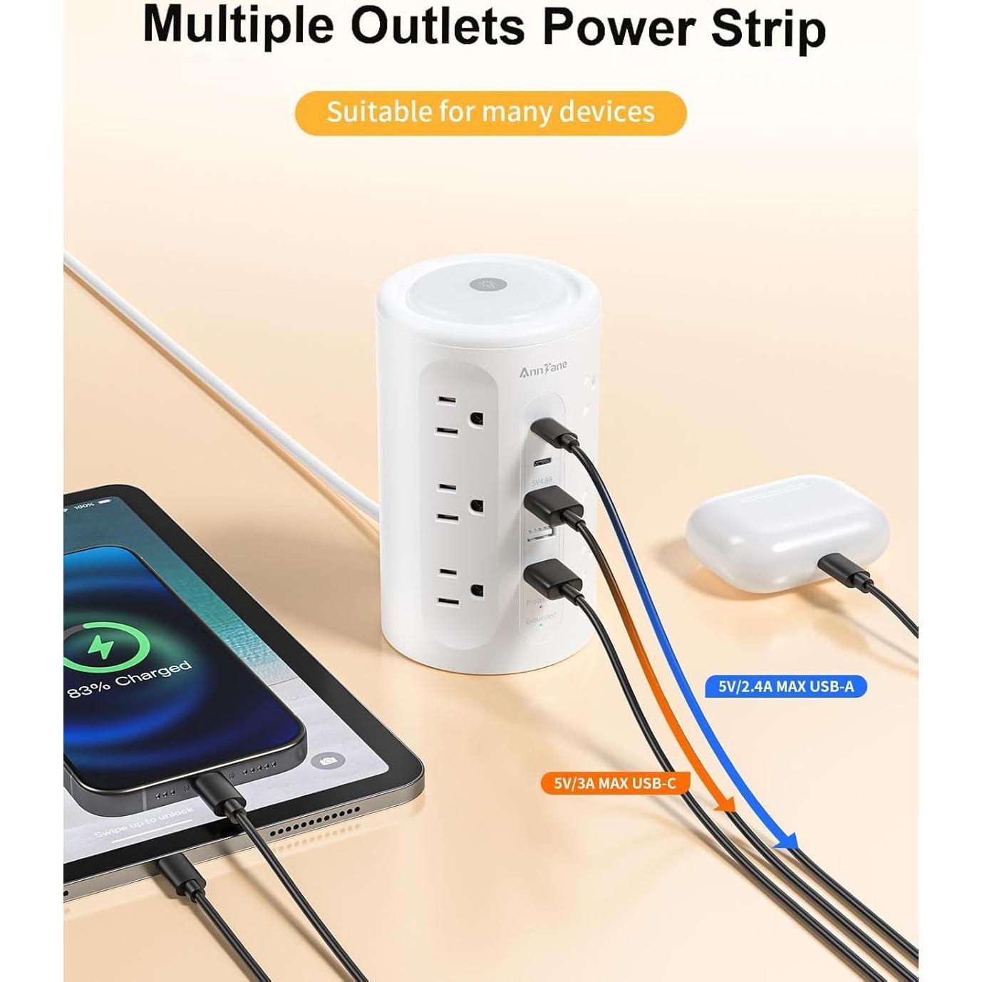 Torre de Regletas AnnTane con Luz Nocturna y 12 Salidas AC/USB