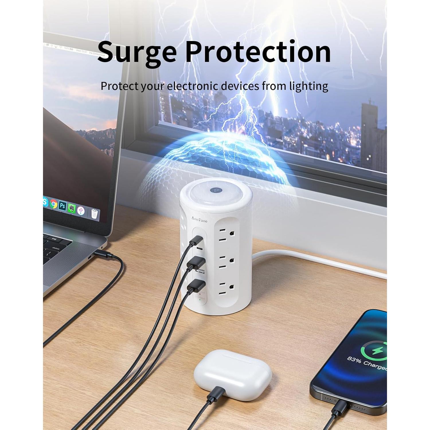 Torre de Regletas AnnTane con Luz Nocturna y 12 Salidas AC/USB