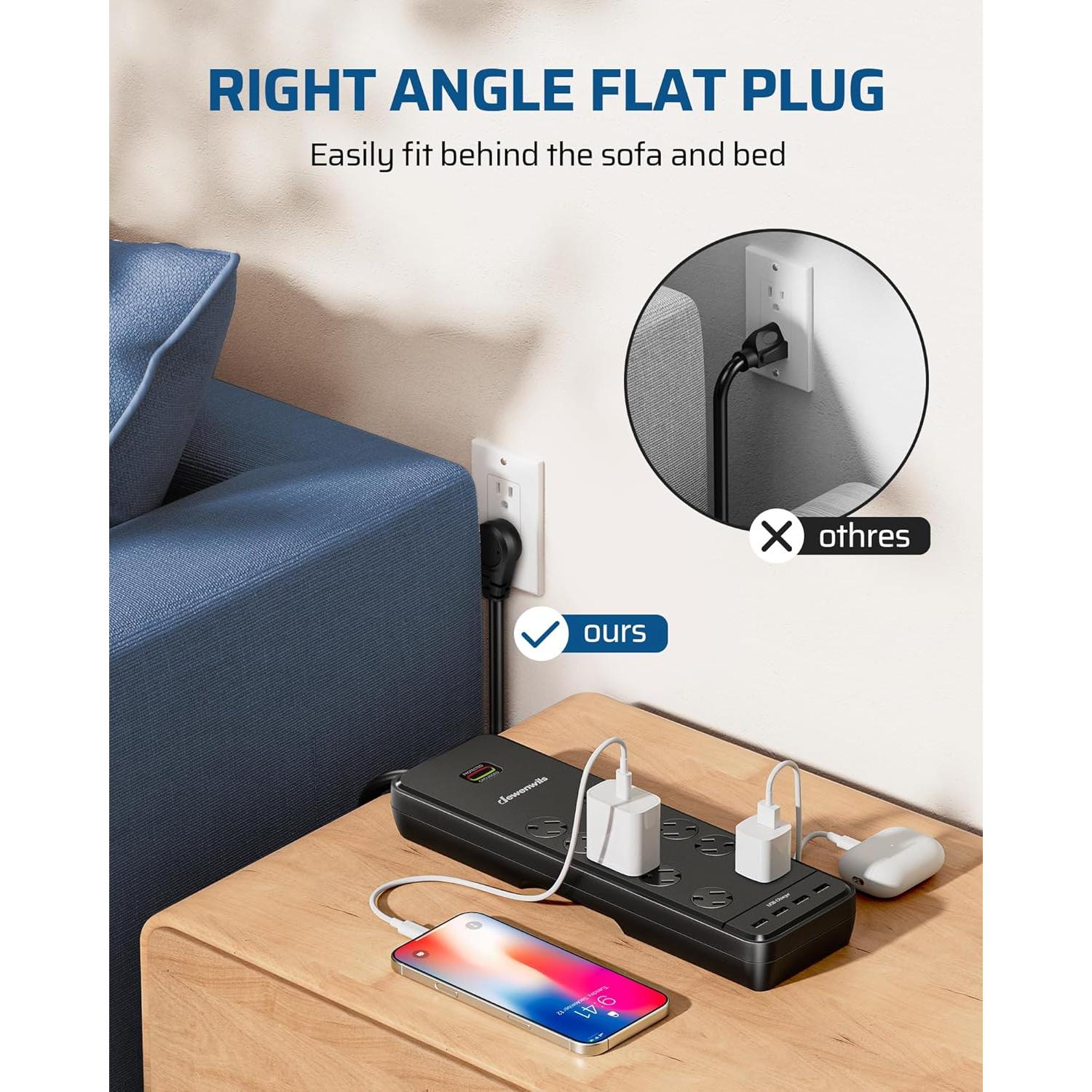 Regleta DEWENWILS 10 Salidas con 4 USB y Protección 2480J