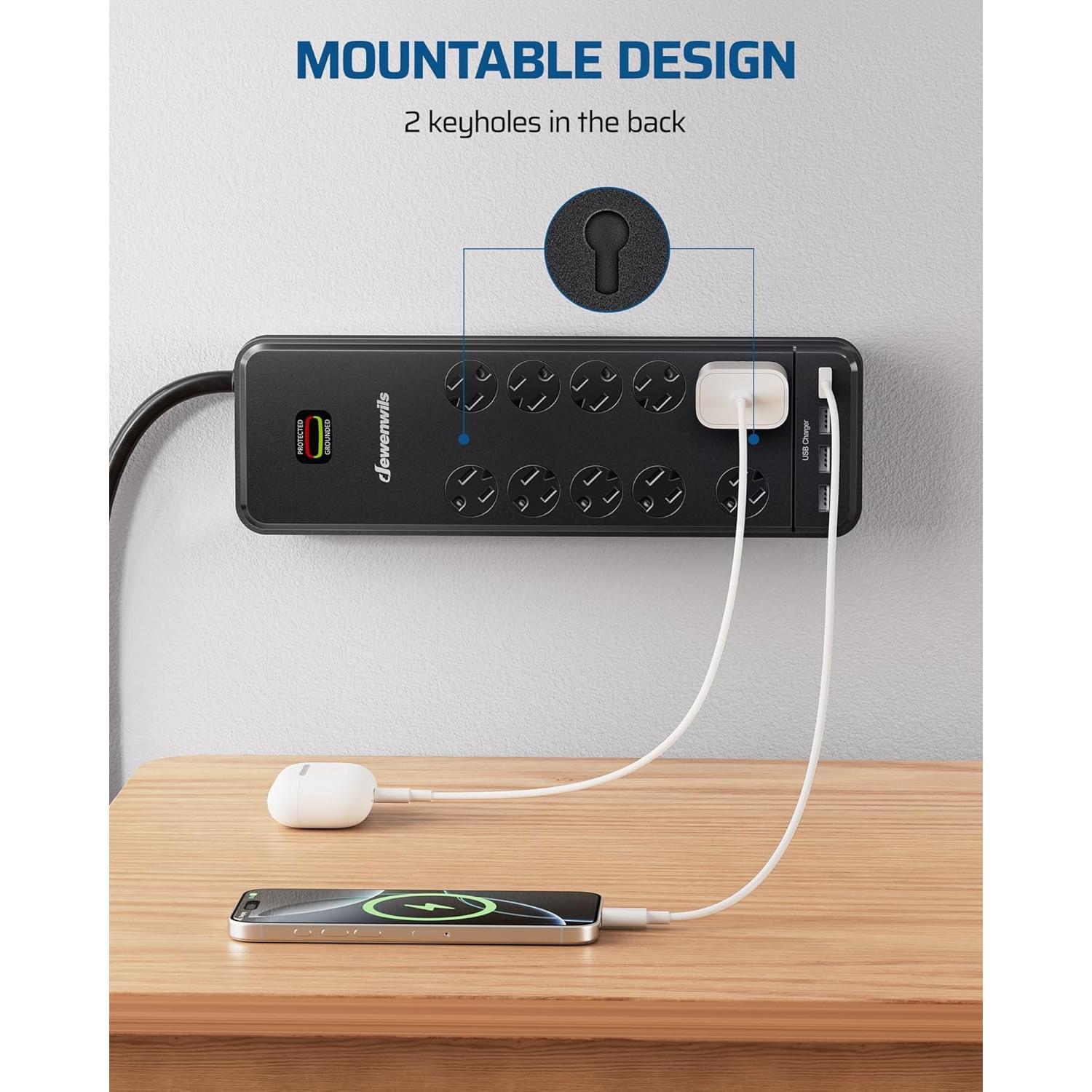 Regleta DEWENWILS 10 Salidas con 4 USB y Protección 2480J