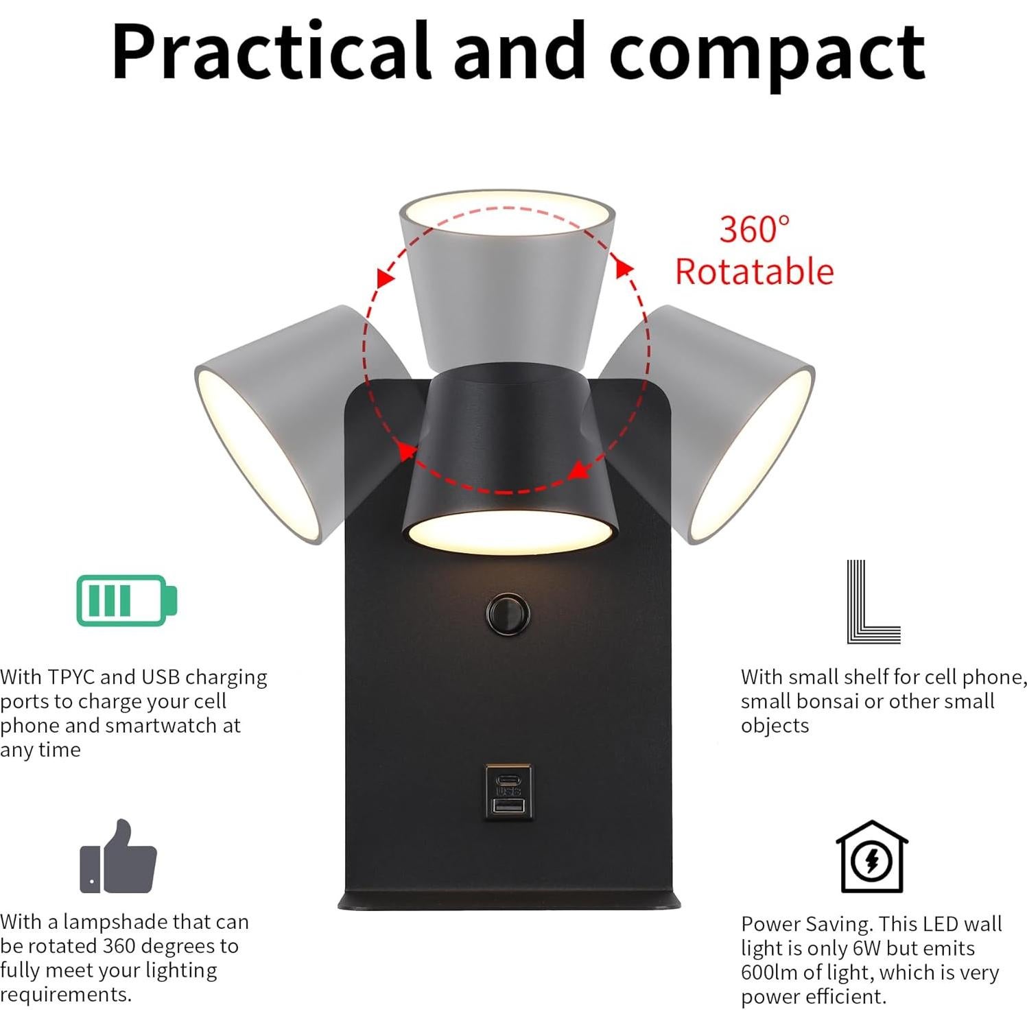 Aplique de pared LED DECOLUX 6W regulable con USB negro