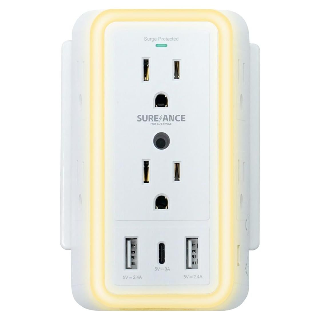 Multi Enchufe SUREANCE 6 Salidas con Luz Nocturna y USB