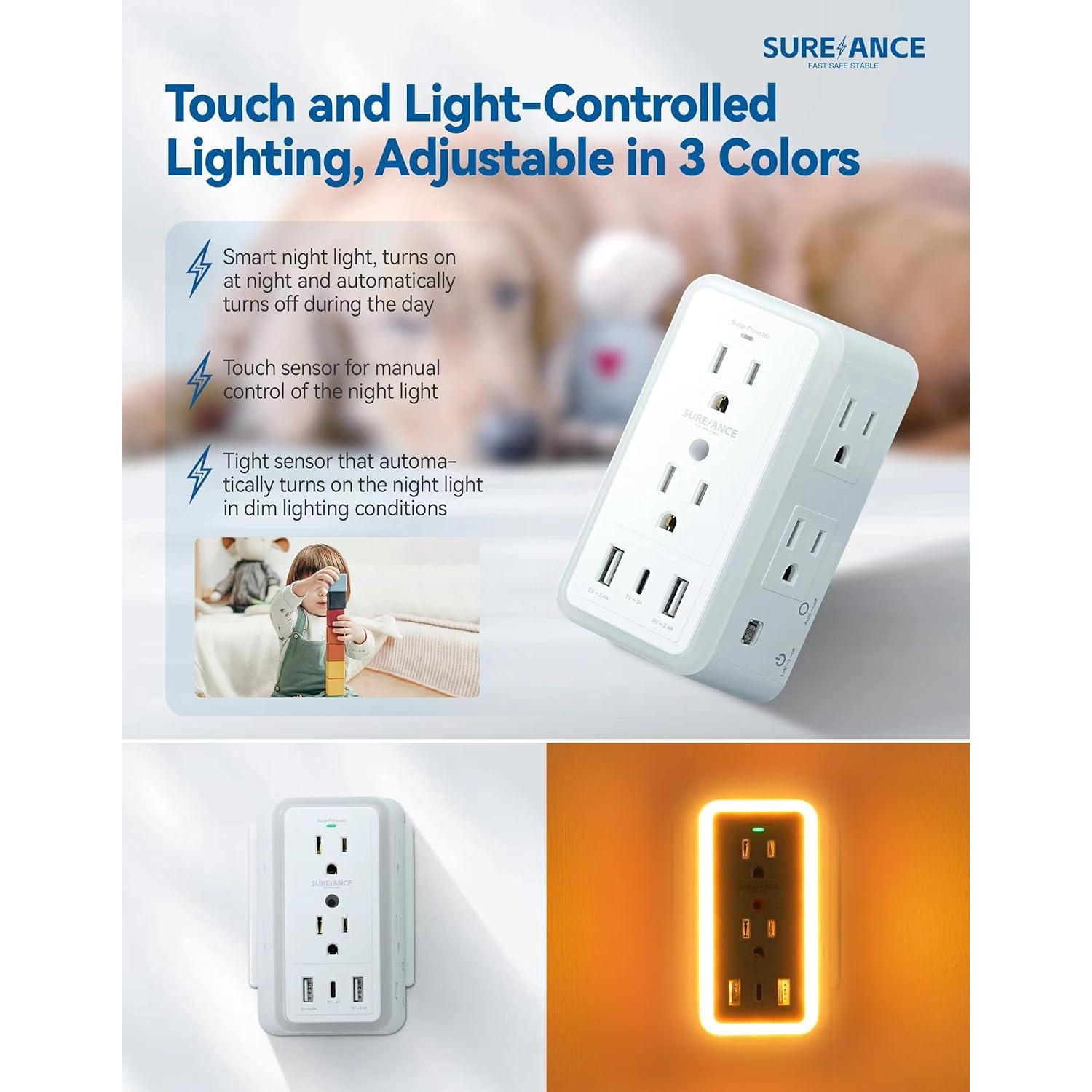 Multi Enchufe SUREANCE 6 Salidas con Luz Nocturna y USB