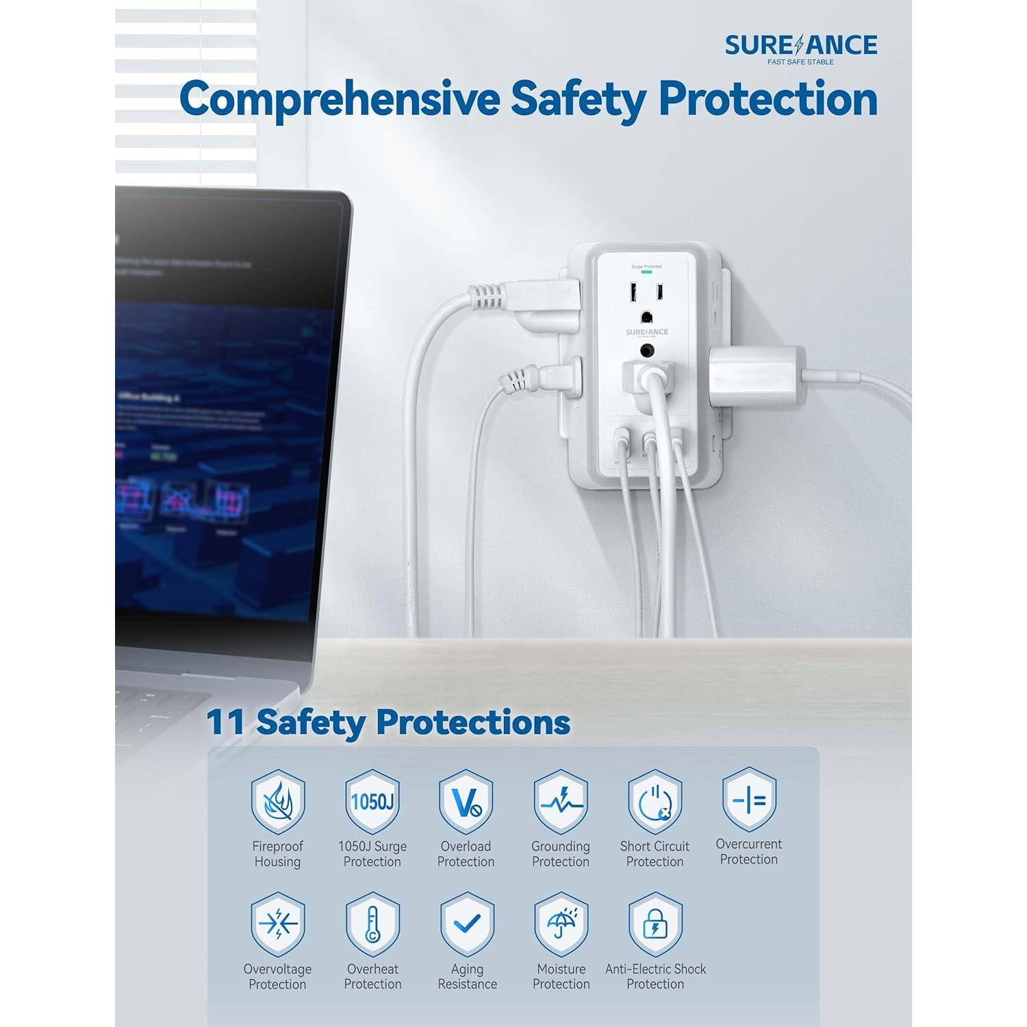 Multi Enchufe SUREANCE 6 Salidas con Luz Nocturna y USB