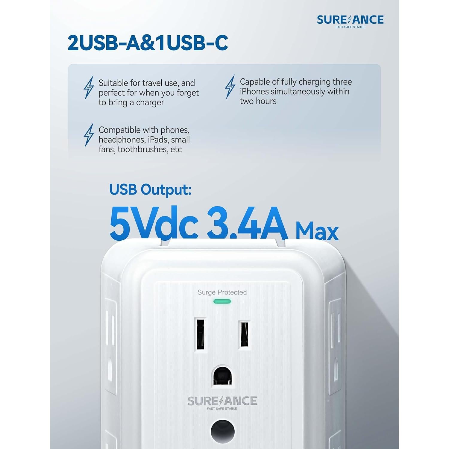 Multi Enchufe SUREANCE 6 Salidas con Luz Nocturna y USB