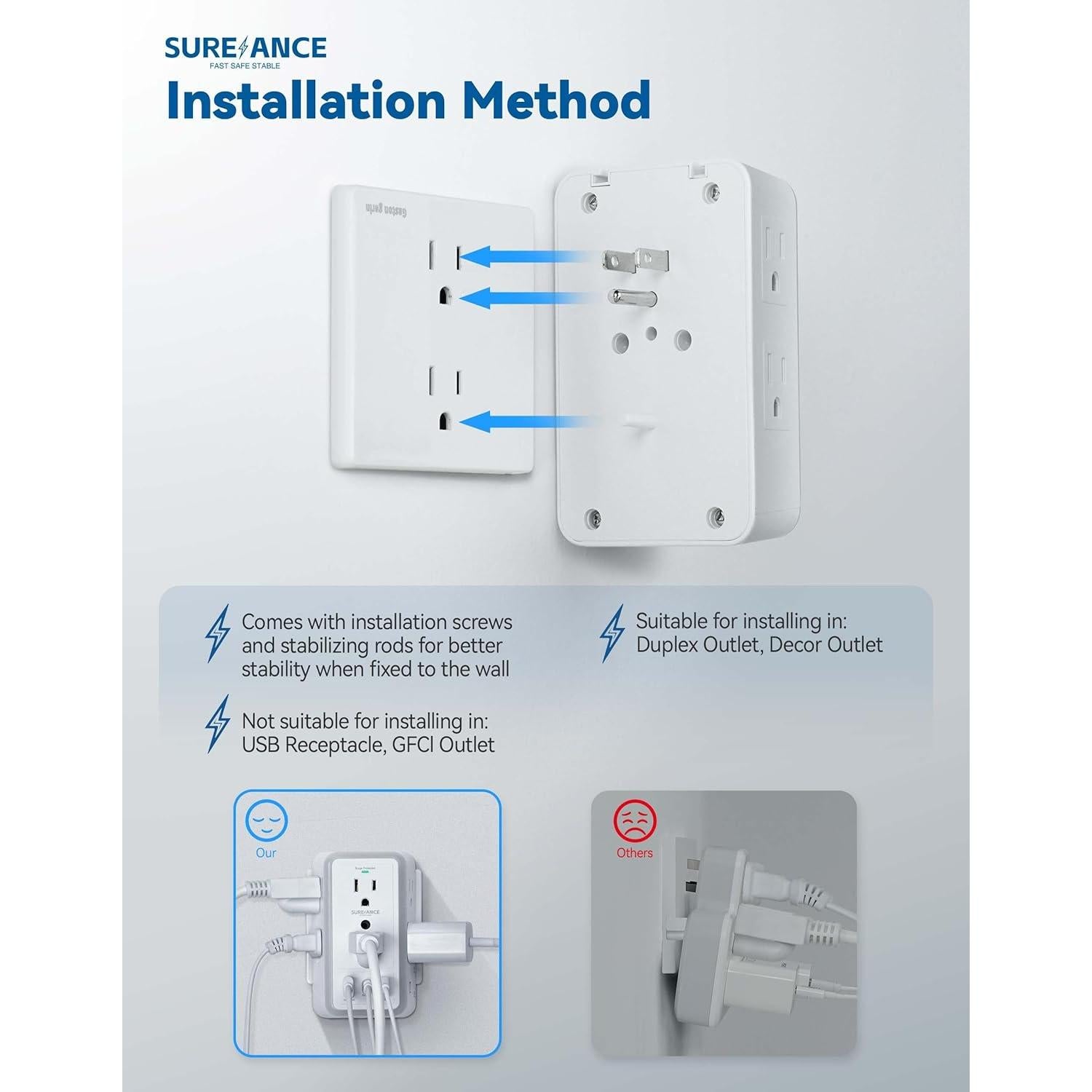 Multi Enchufe SUREANCE 6 Salidas con Luz Nocturna y USB