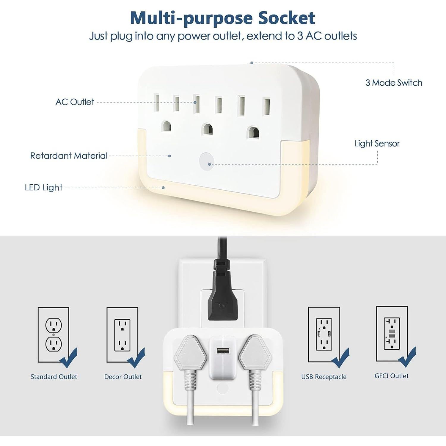 Adaptador de Enchufe con Luz Nocturna HGEU - 3 Salidas