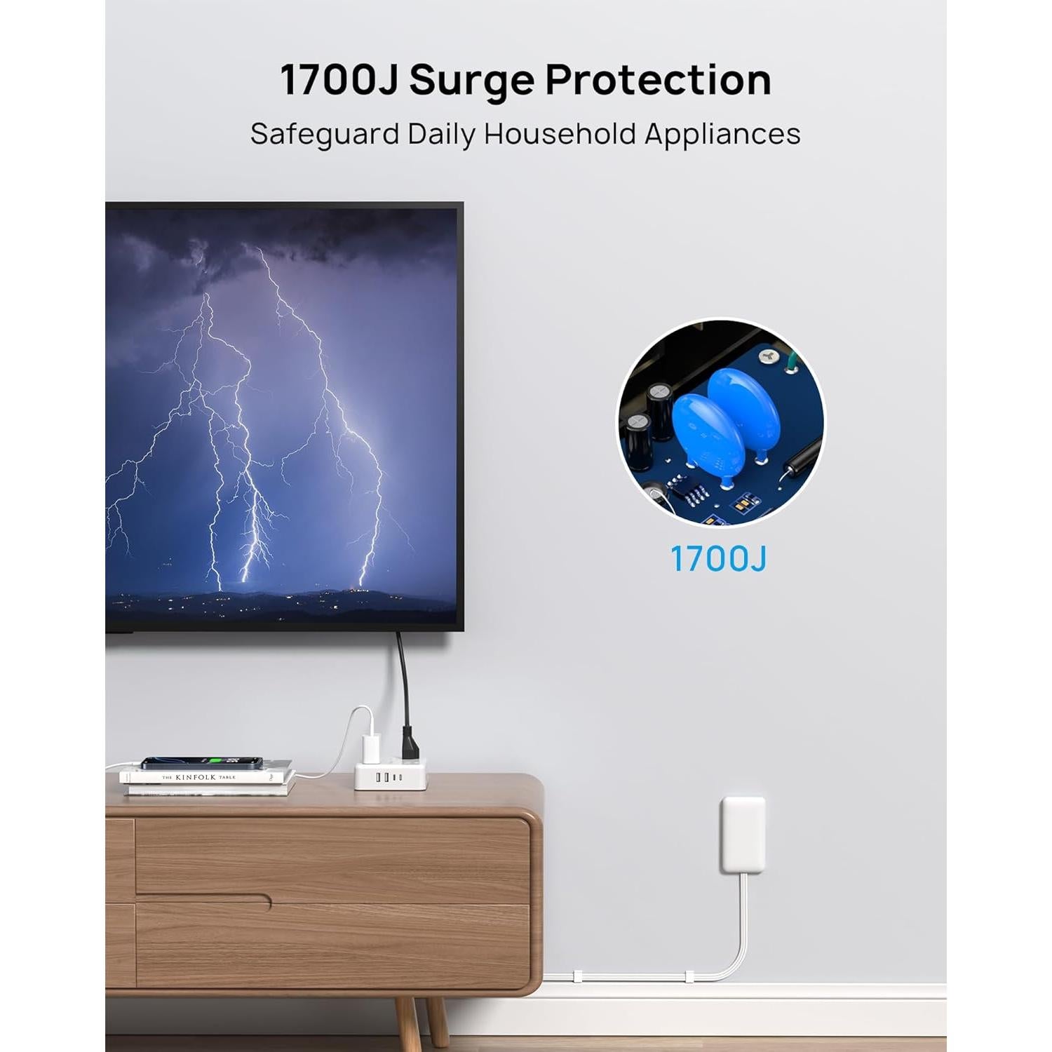 Extensor de Enchufe Plano TROND 6FT 8 Salidas 4 USB Protección 1700J