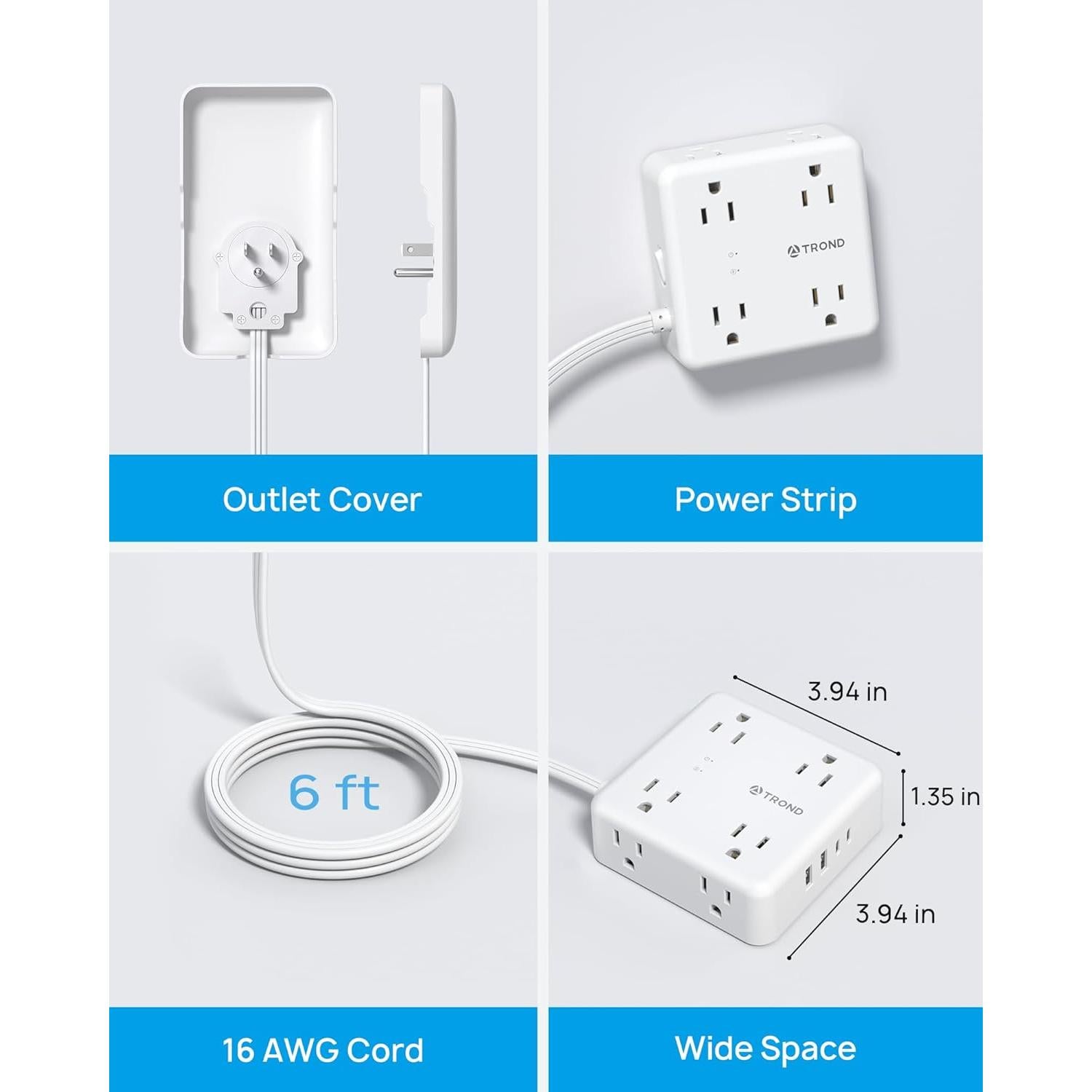 Extensor de Enchufe Plano TROND 6FT 8 Salidas 4 USB Protección 1700J