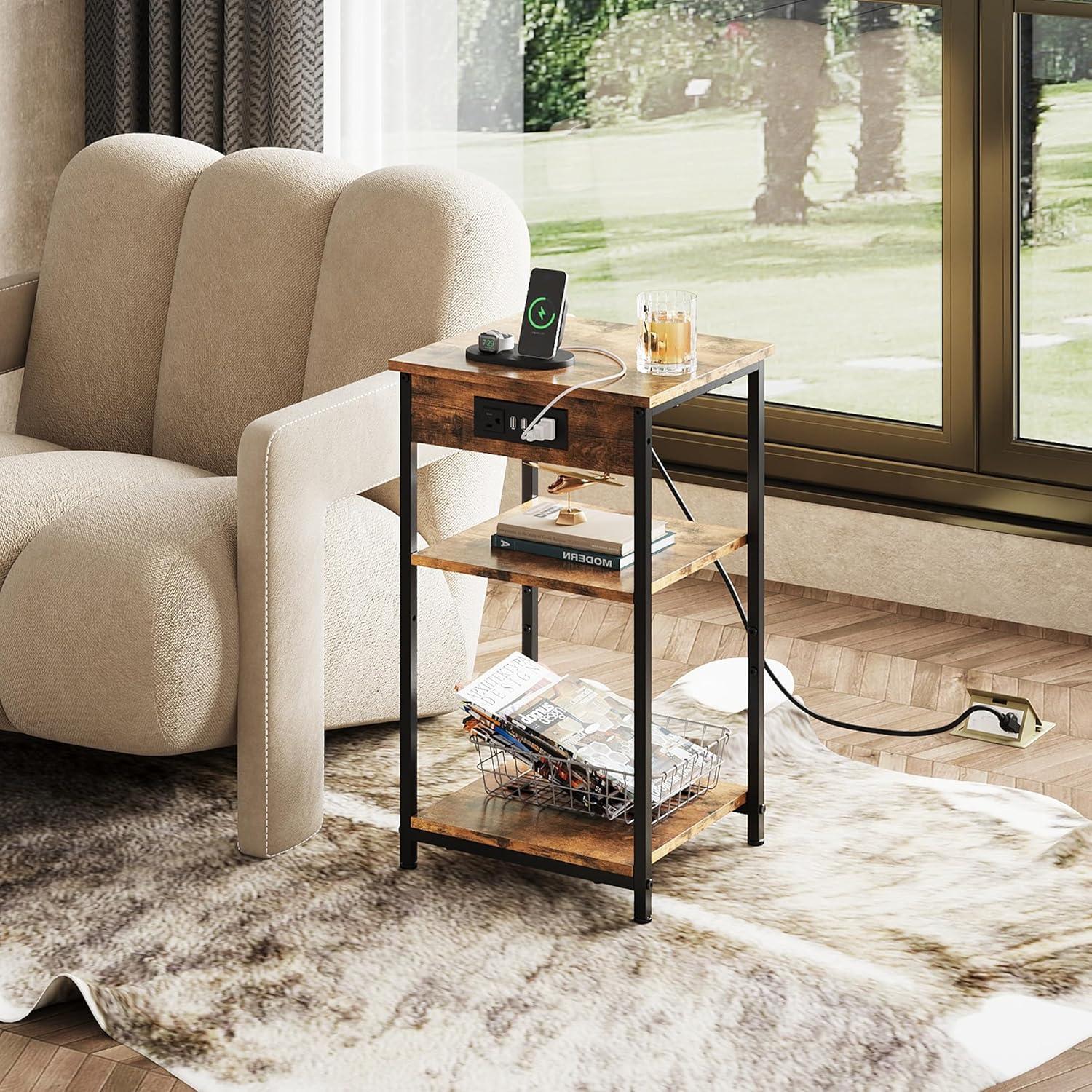 Mesa Lateral WLIVE con Estación de Carga 3 Estantes Marrón