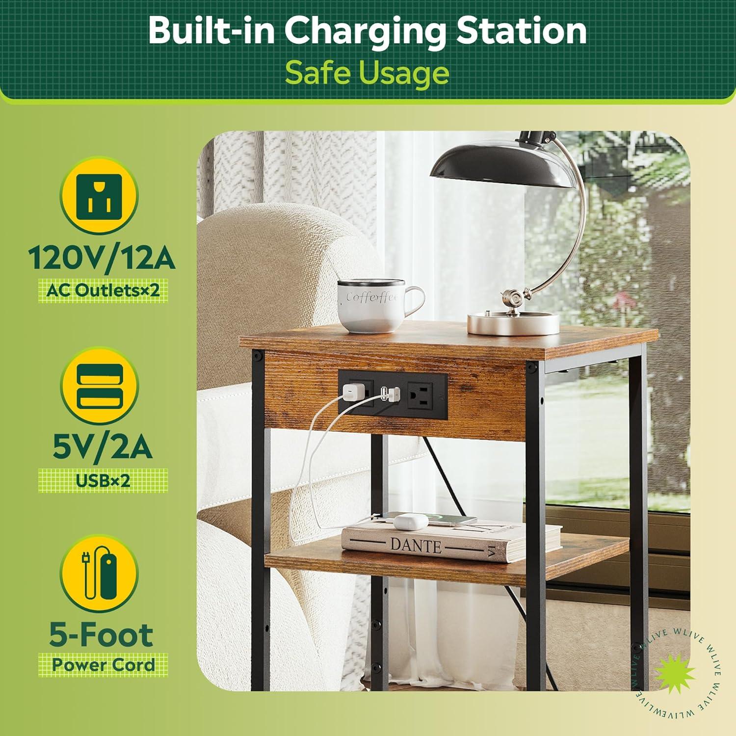 Mesa Lateral WLIVE con Estación de Carga 3 Estantes Marrón