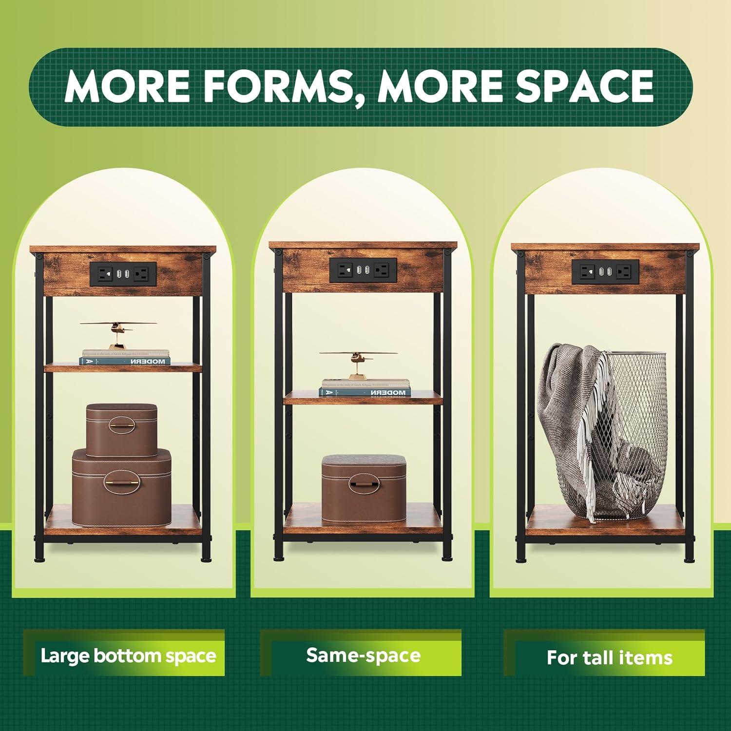 Mesa Lateral WLIVE con Estación de Carga 3 Estantes Marrón