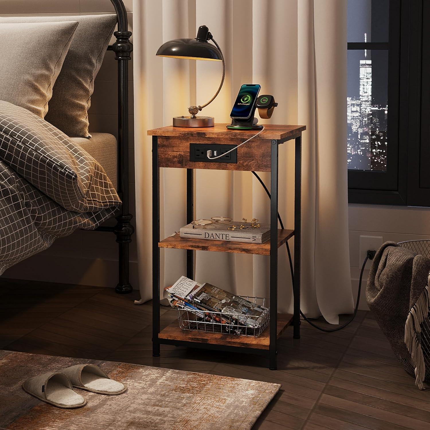 Mesa Lateral WLIVE con Estación de Carga 3 Estantes Marrón