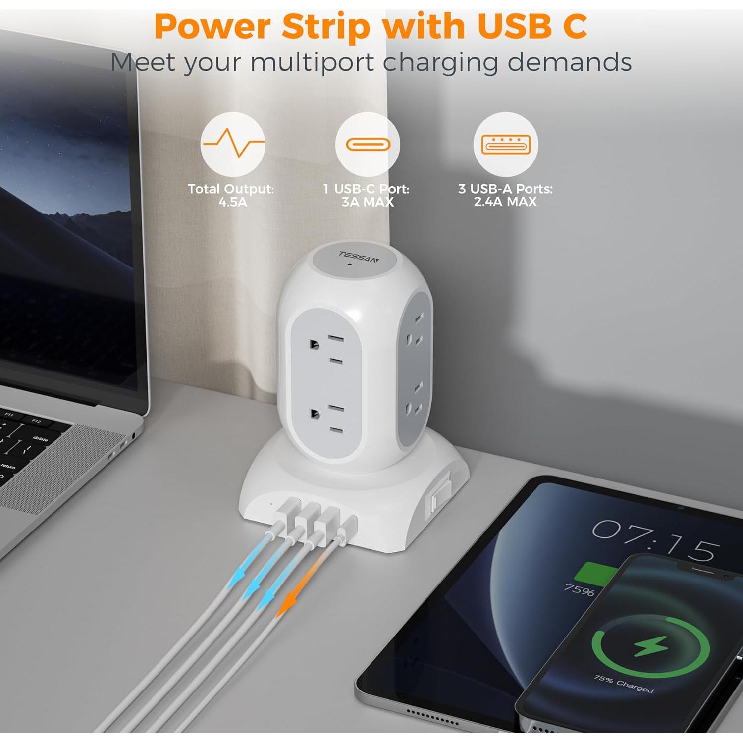 Torre de Protector de Sobretensión TESSAN 1050J 8 Salidas AC 4 USB