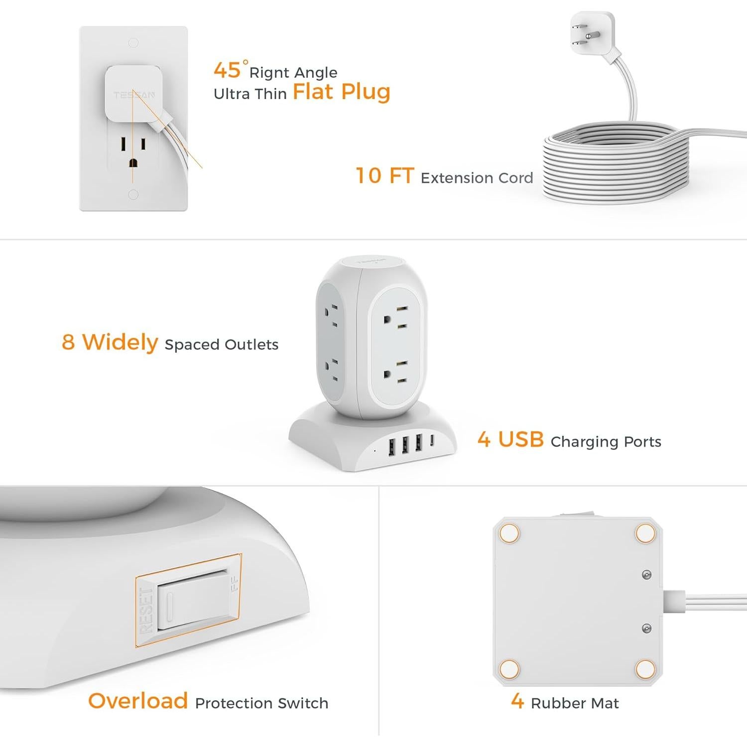 Torre de Protector de Sobretensión TESSAN 1050J 8 Salidas AC 4 USB