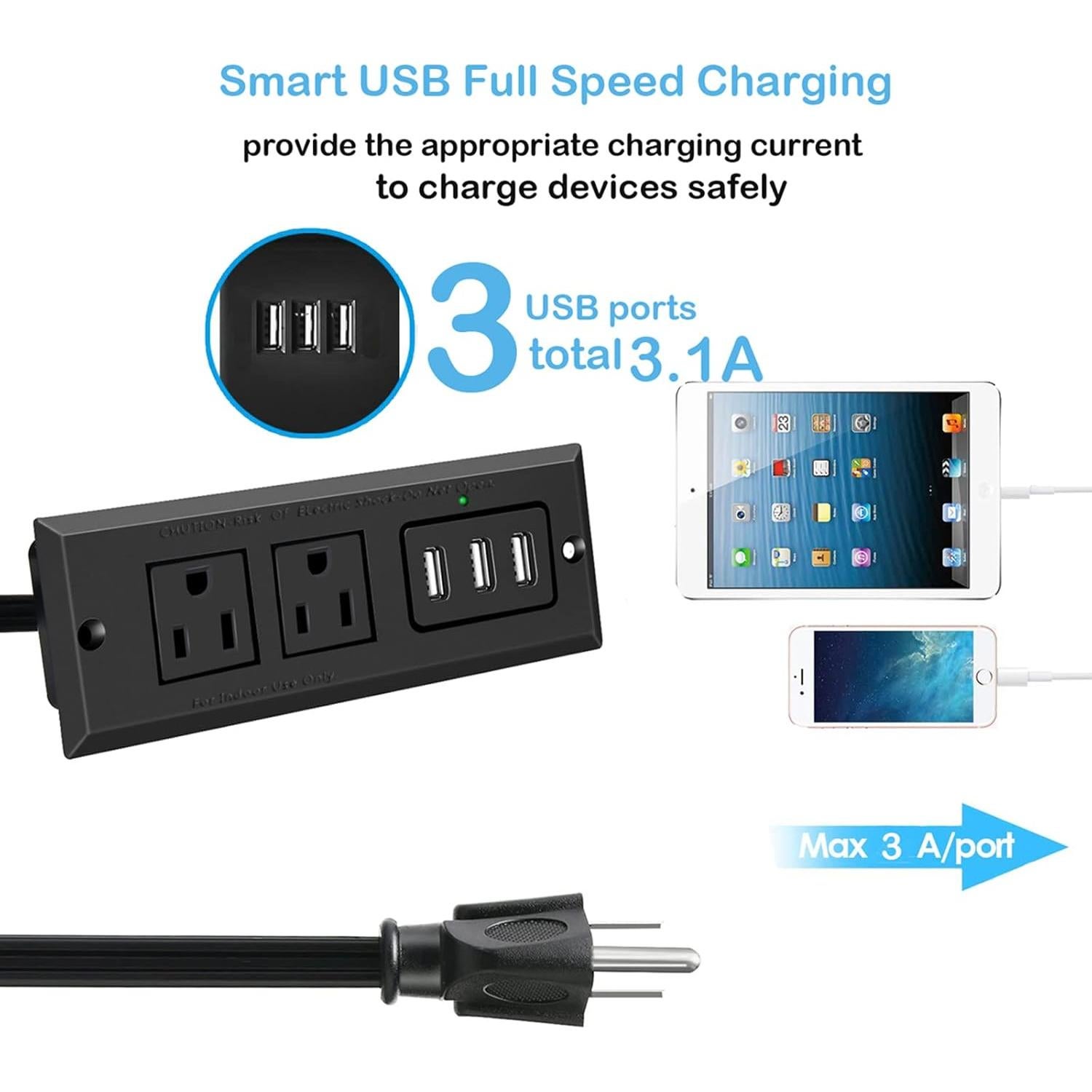Toma de Corriente Empotrada CCCEi con USB 10 pies Negra