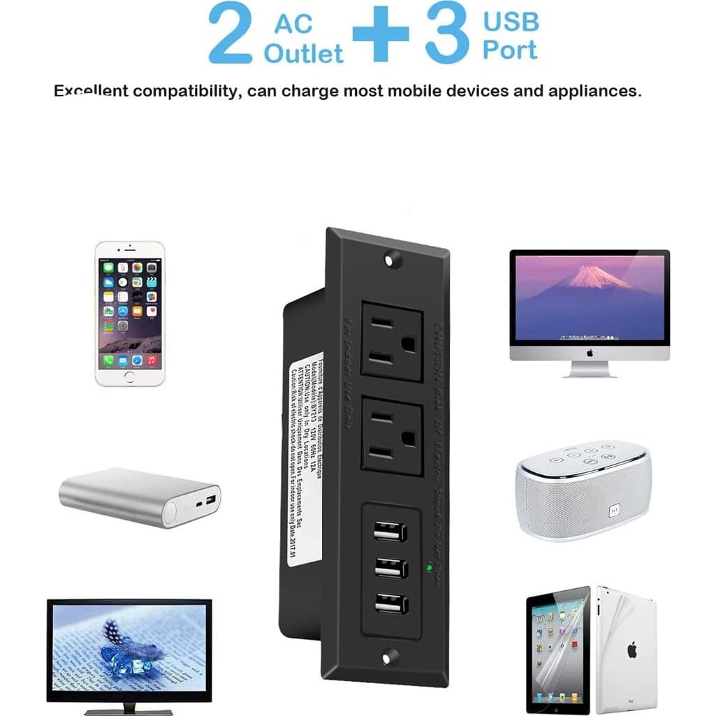 Toma de Corriente Empotrada CCCEi con USB 10 pies Negra