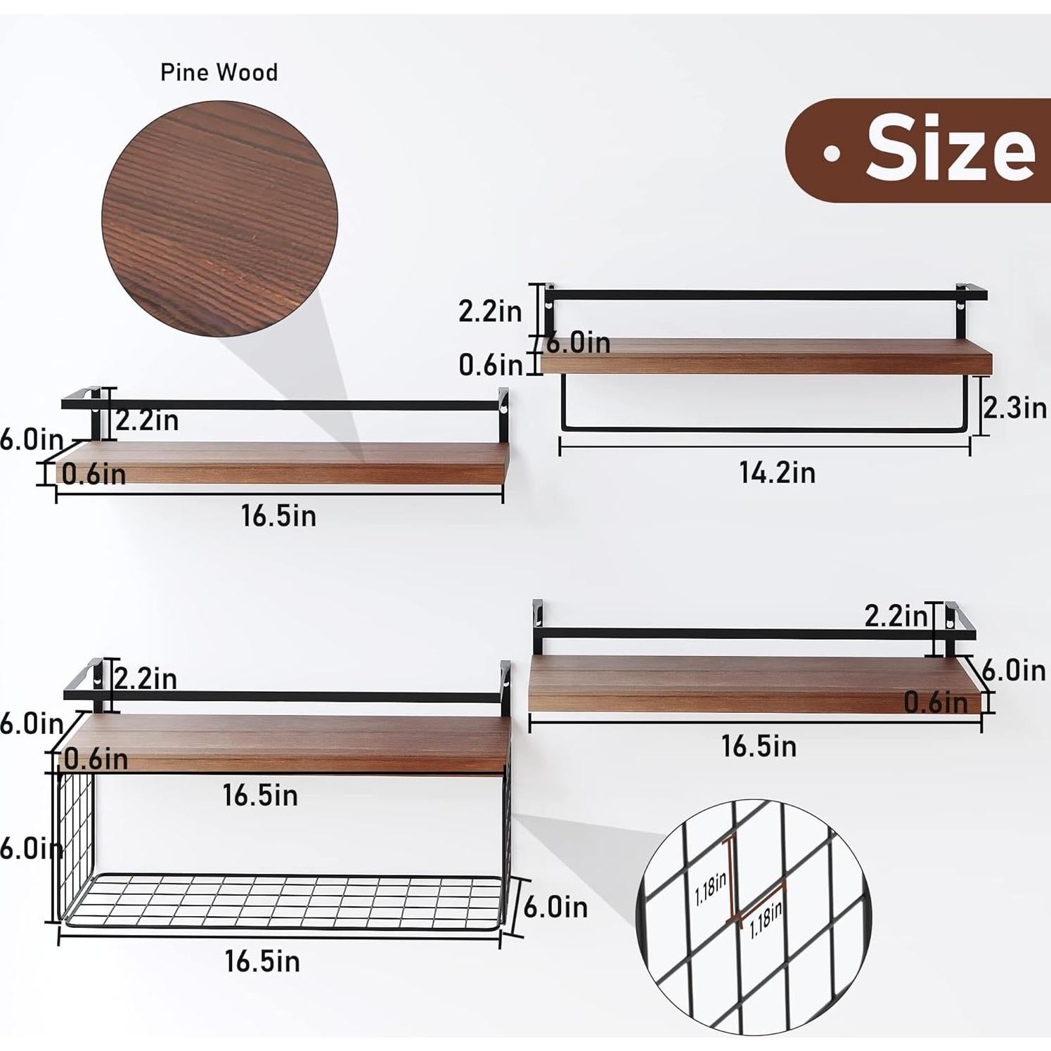 Estantes Flotantes de Madera LUDORU - Juego de 4 con Canasta