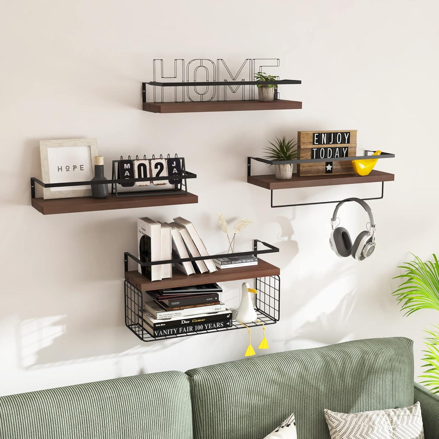 Estantes Flotantes de Madera LUDORU - Juego de 4 con Canasta